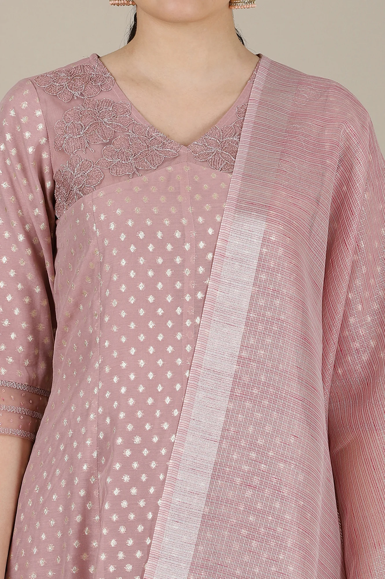 Onion Pink Yarn Dyed Dori Embroidered Anarkali Kurta, Trousers and Dupatta Set - Image 3