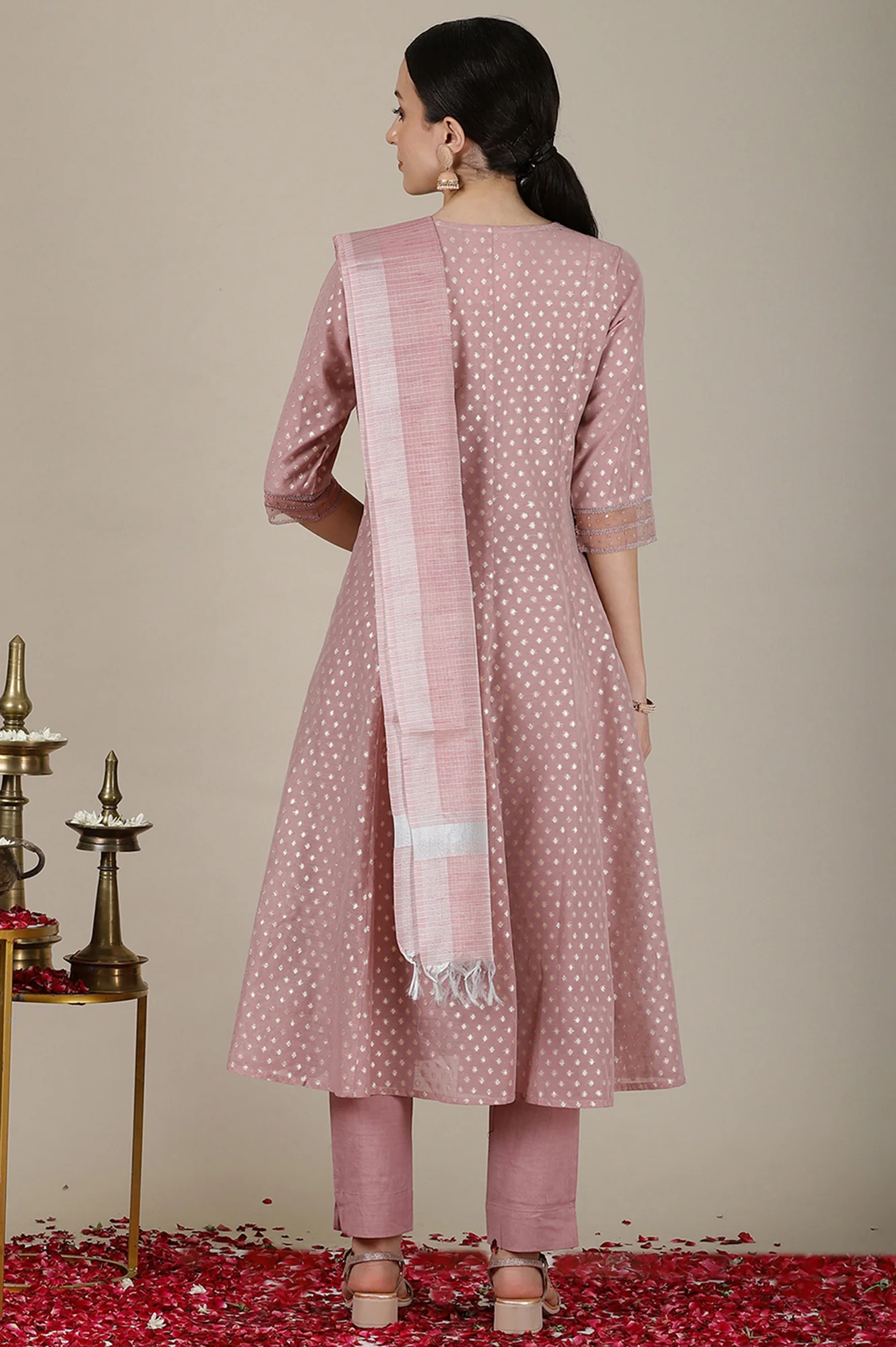 Onion Pink Yarn Dyed Dori Embroidered Anarkali Kurta, Trousers and Dupatta Set - Image 5