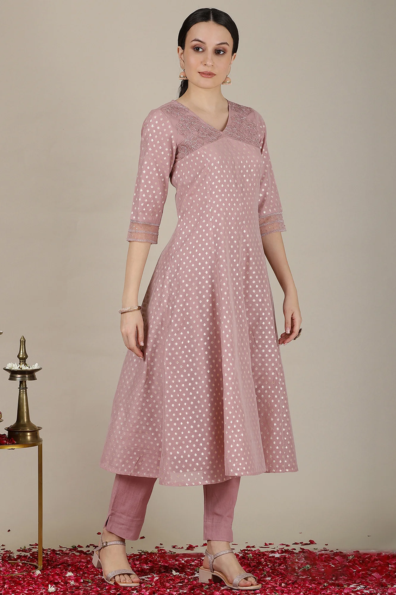 Onion Pink Yarn Dyed Dori Embroidered Anarkali Kurta, Trousers and Dupatta Set - Image 6
