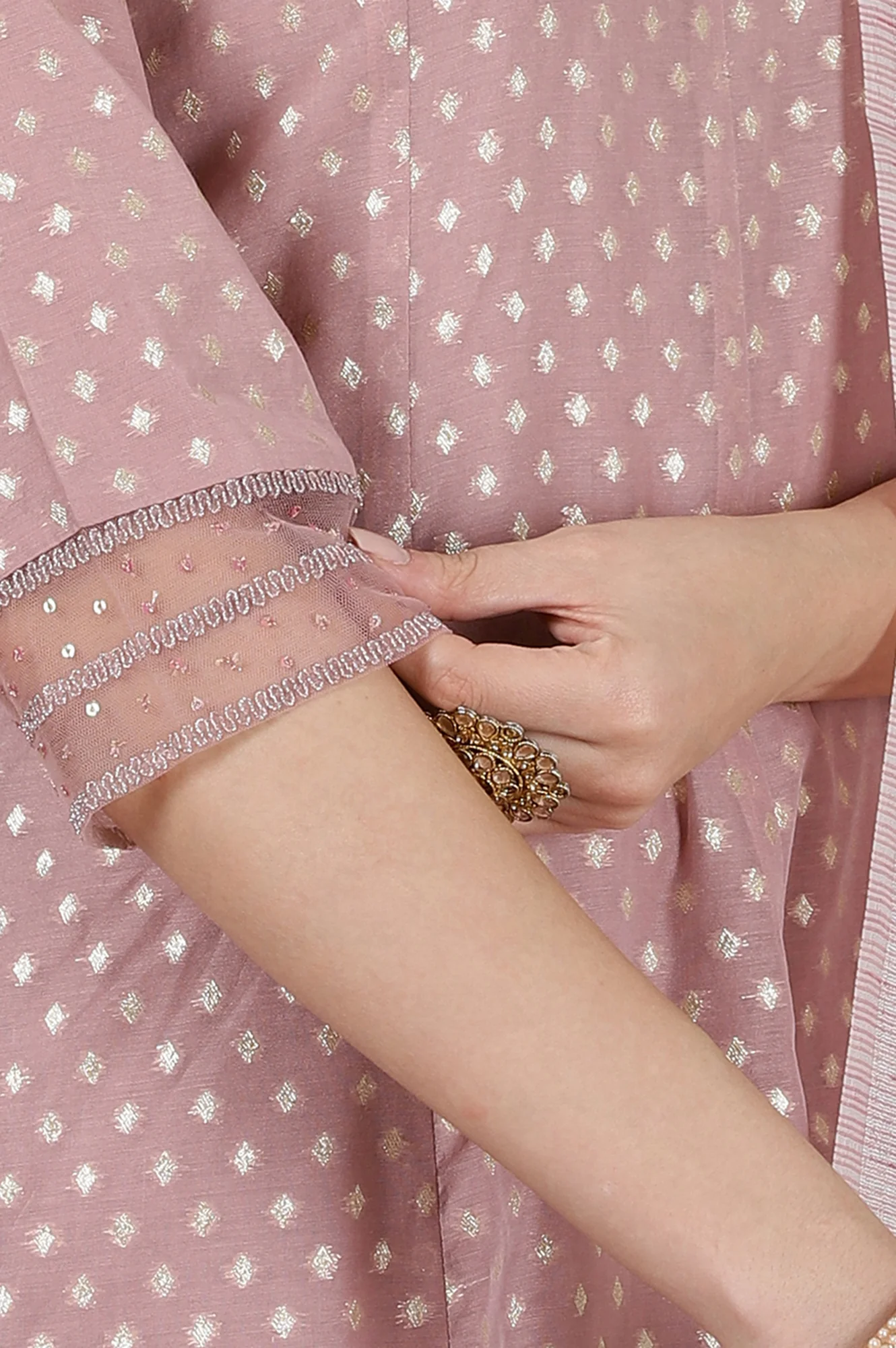 Onion Pink Yarn Dyed Dori Embroidered Anarkali Kurta, Trousers and Dupatta Set - Image 7
