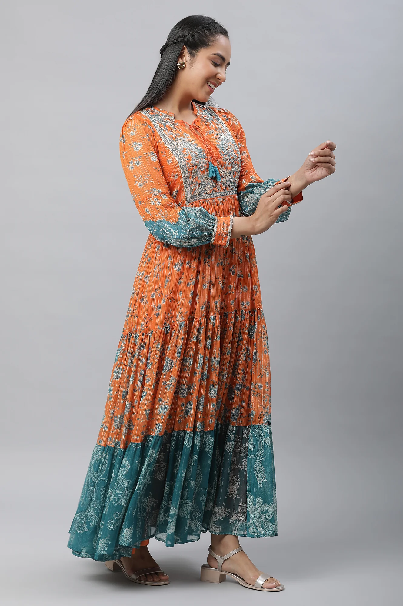 Orange Printed and Embellished with Handwork A-line Dress - Image 5