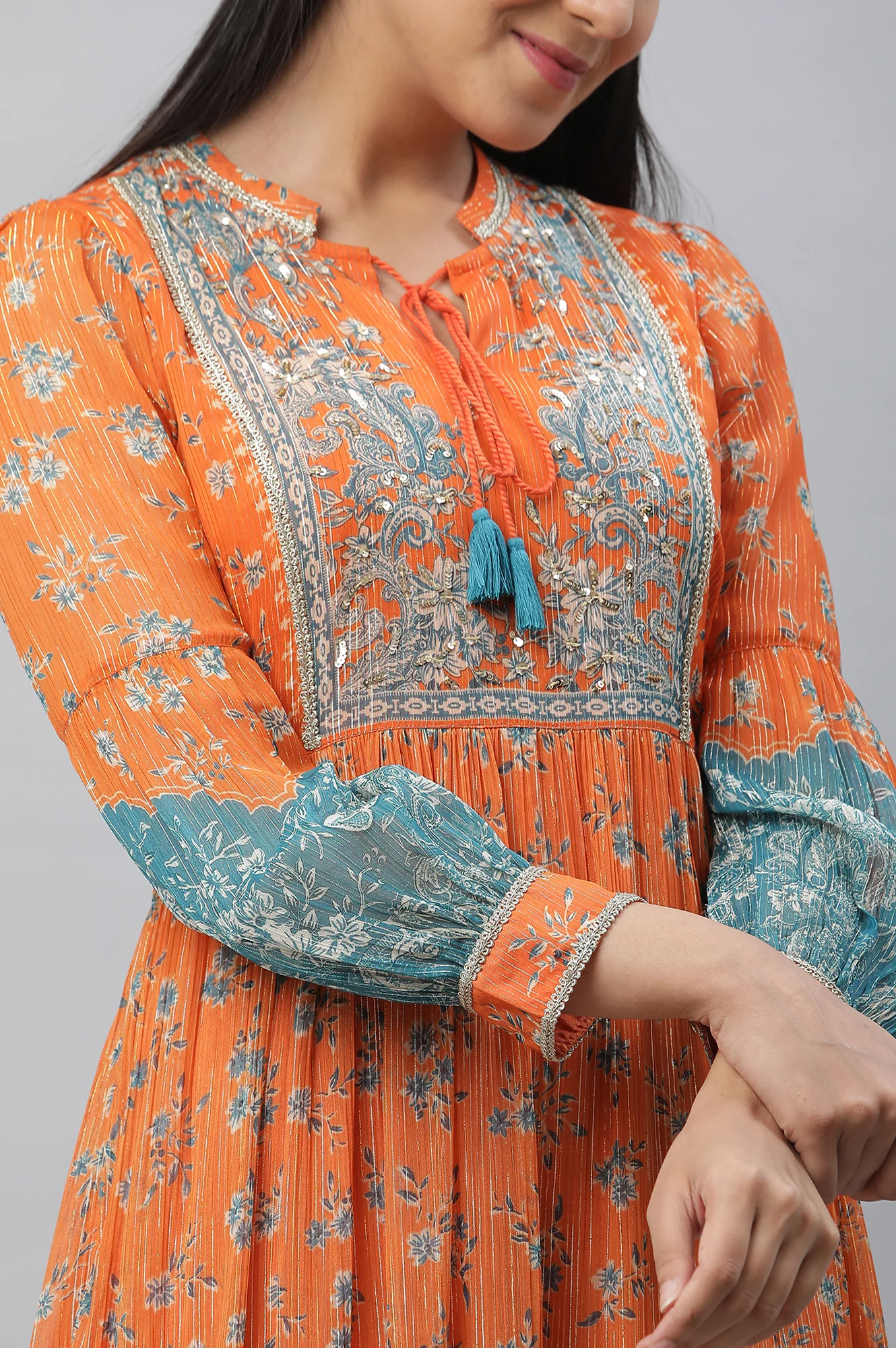 Orange Printed and Embellished with Handwork A-line Dress - Image 7