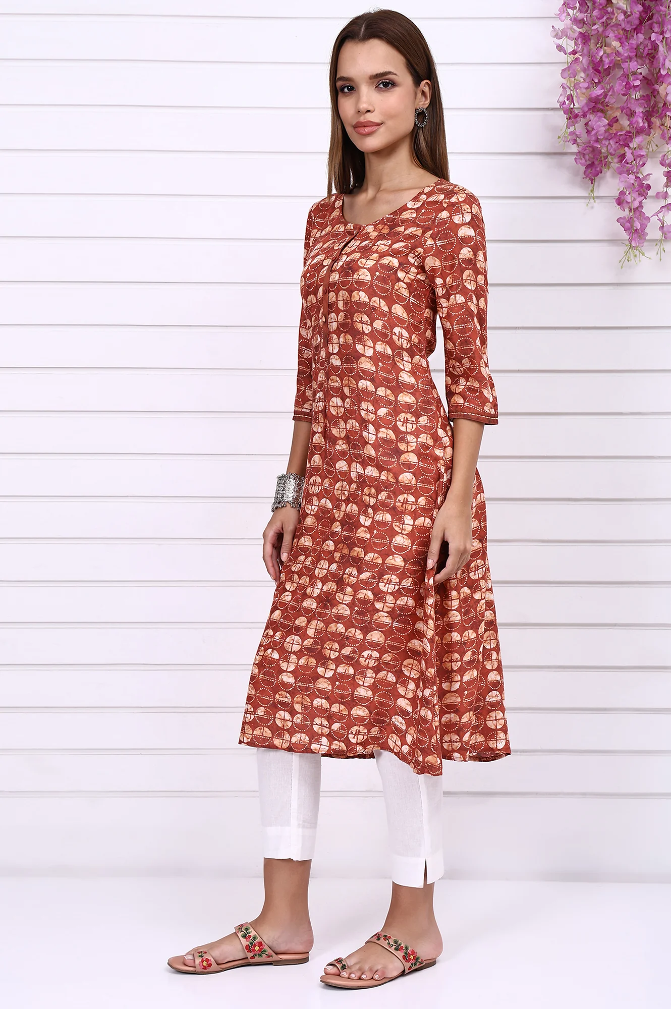 Orange Batik Printed Casual A-line Kurta - Image 4