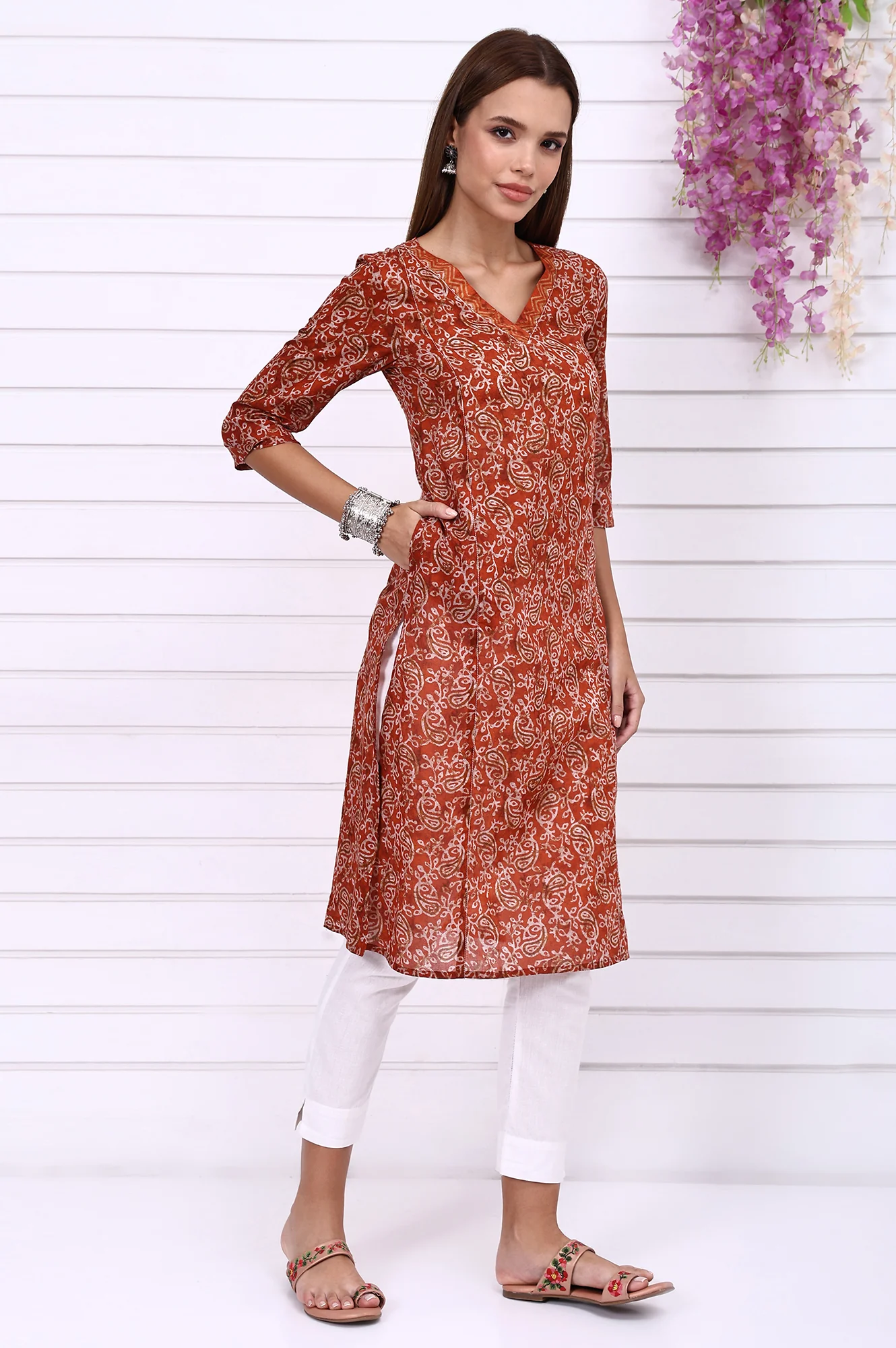 Orange Batik Printed Pure Cotton Straight Casual Kurta - Image 6