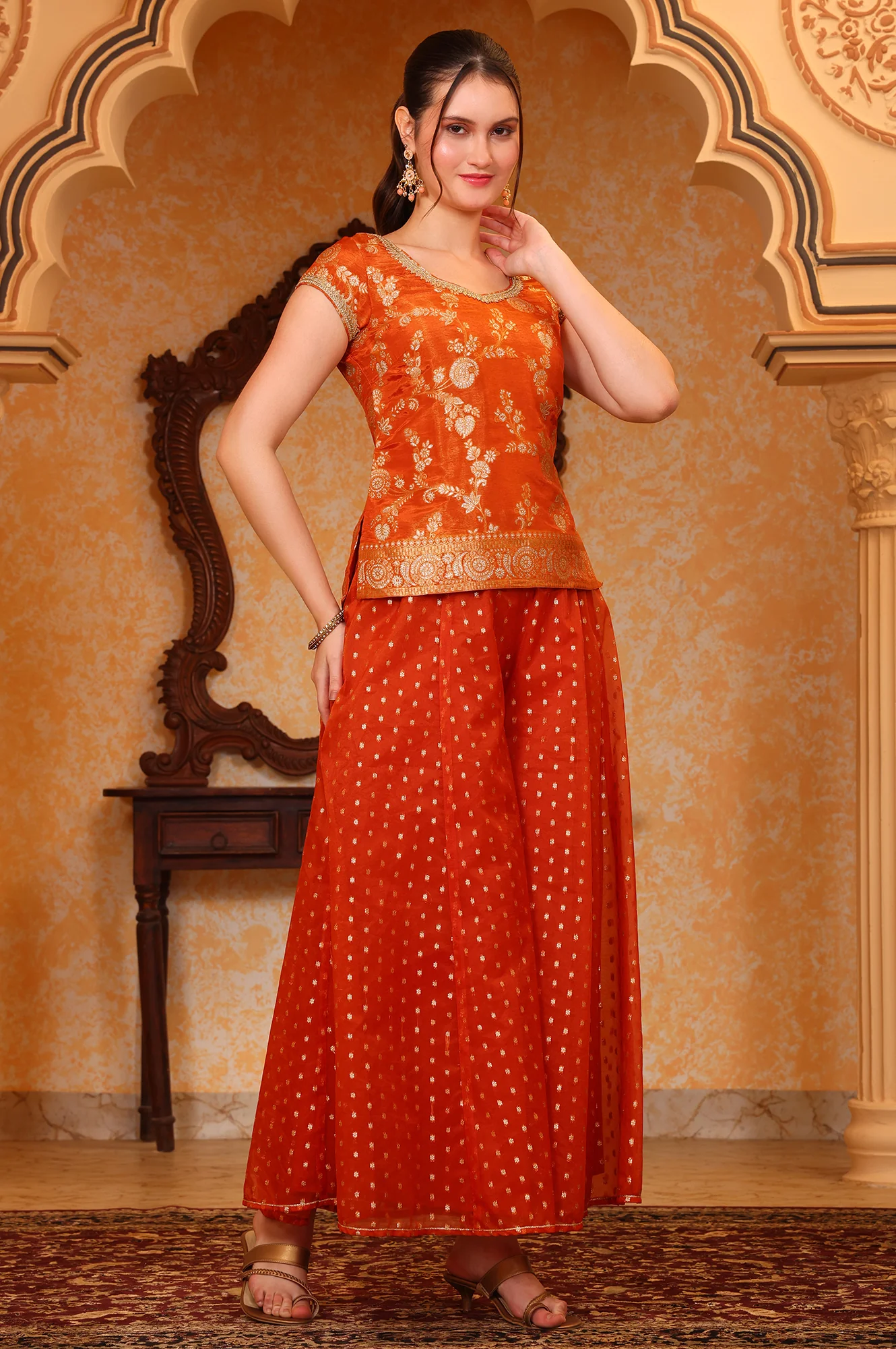 Orange Dyed Tape Embroidered Straight Kurta, Palazzo and Dupatta Set - Image 6