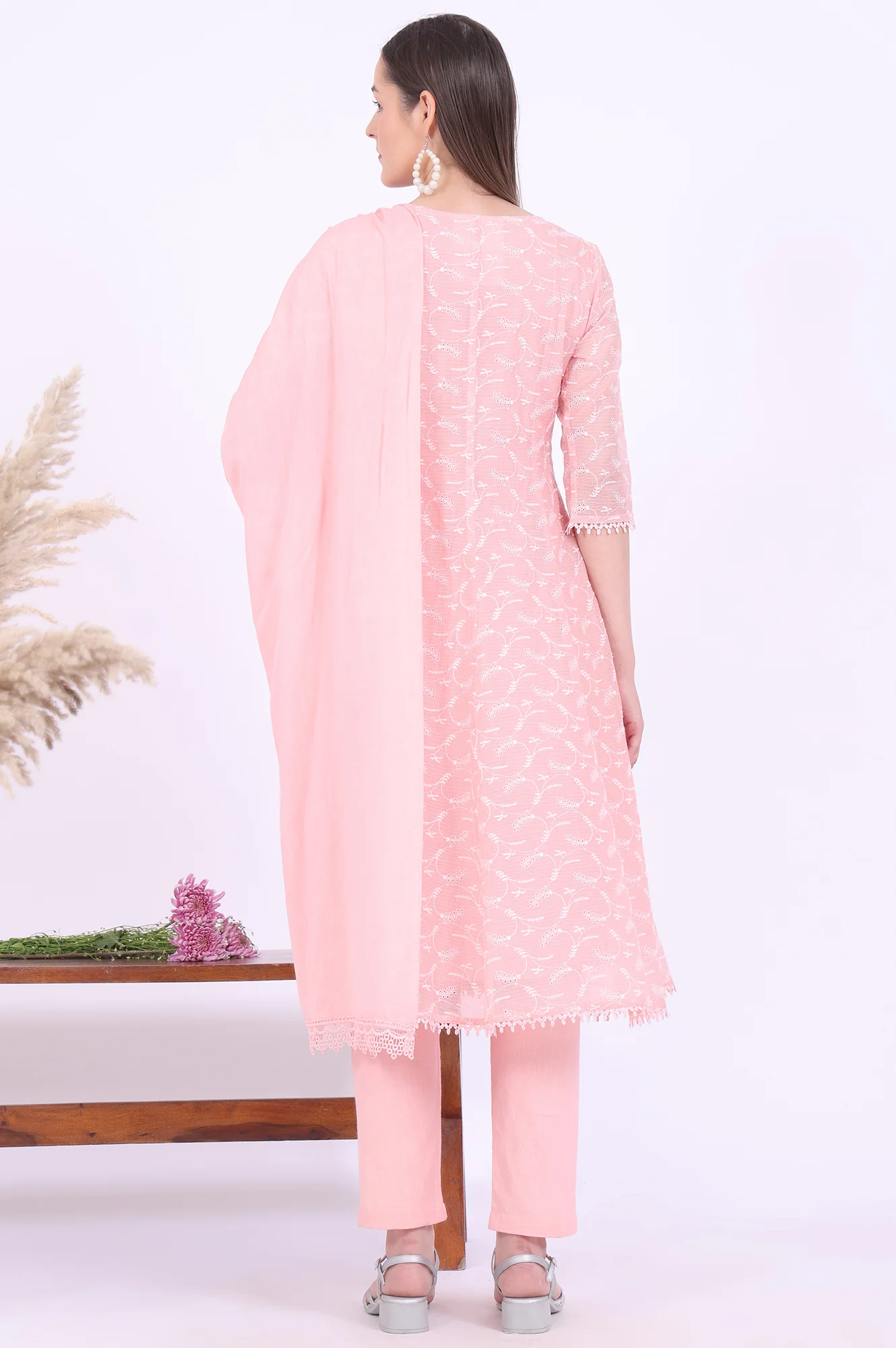 Orange Embroidered Cotton Blend Anarkali with Trousers & Dupatta Set - Image 6