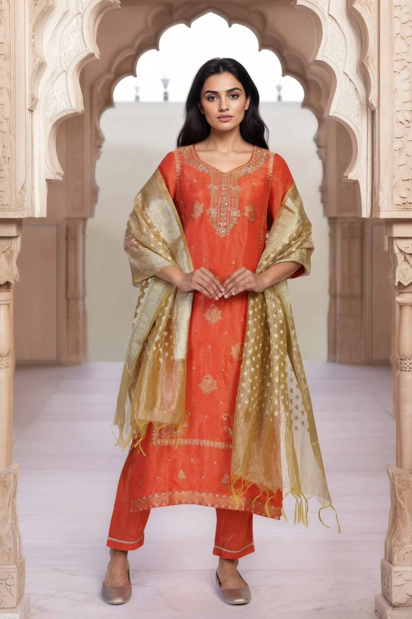 Orange Ethnic Motifs Hand Work Straight Kurta with Trouser and Dupatta Set - Image 2