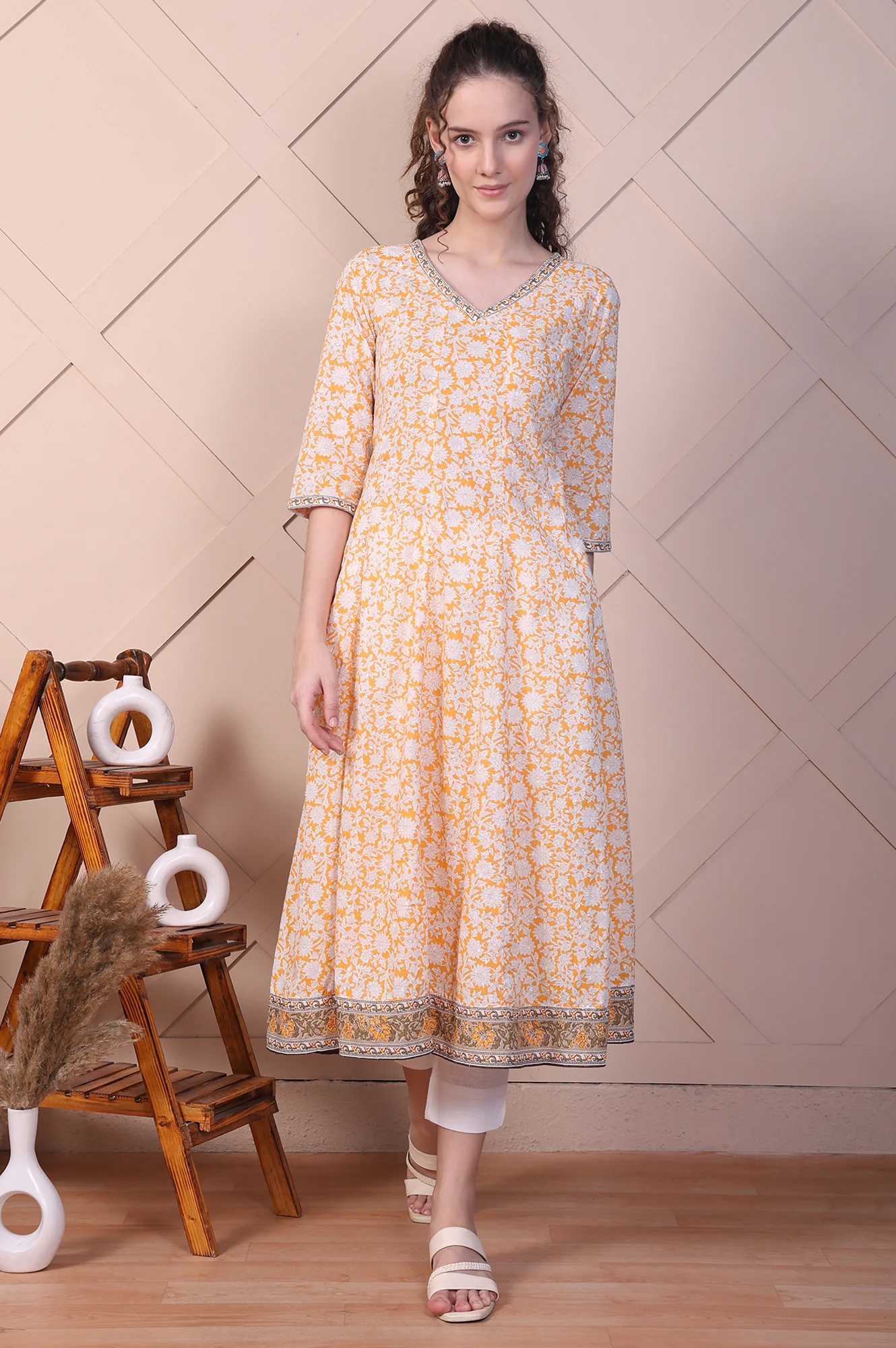Orange Floral Printed Cotton Lurex Anarkali Kurta - Image 2