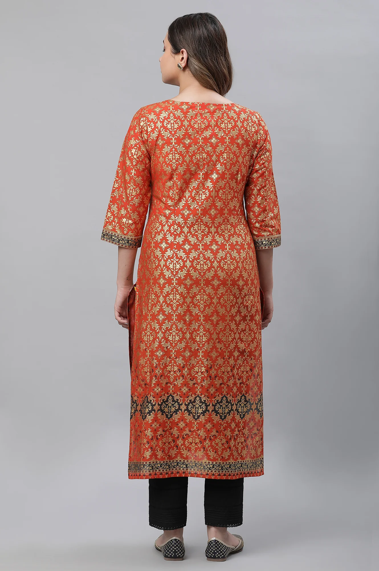 Orange Foil Printed Festive Kurta - Image 3