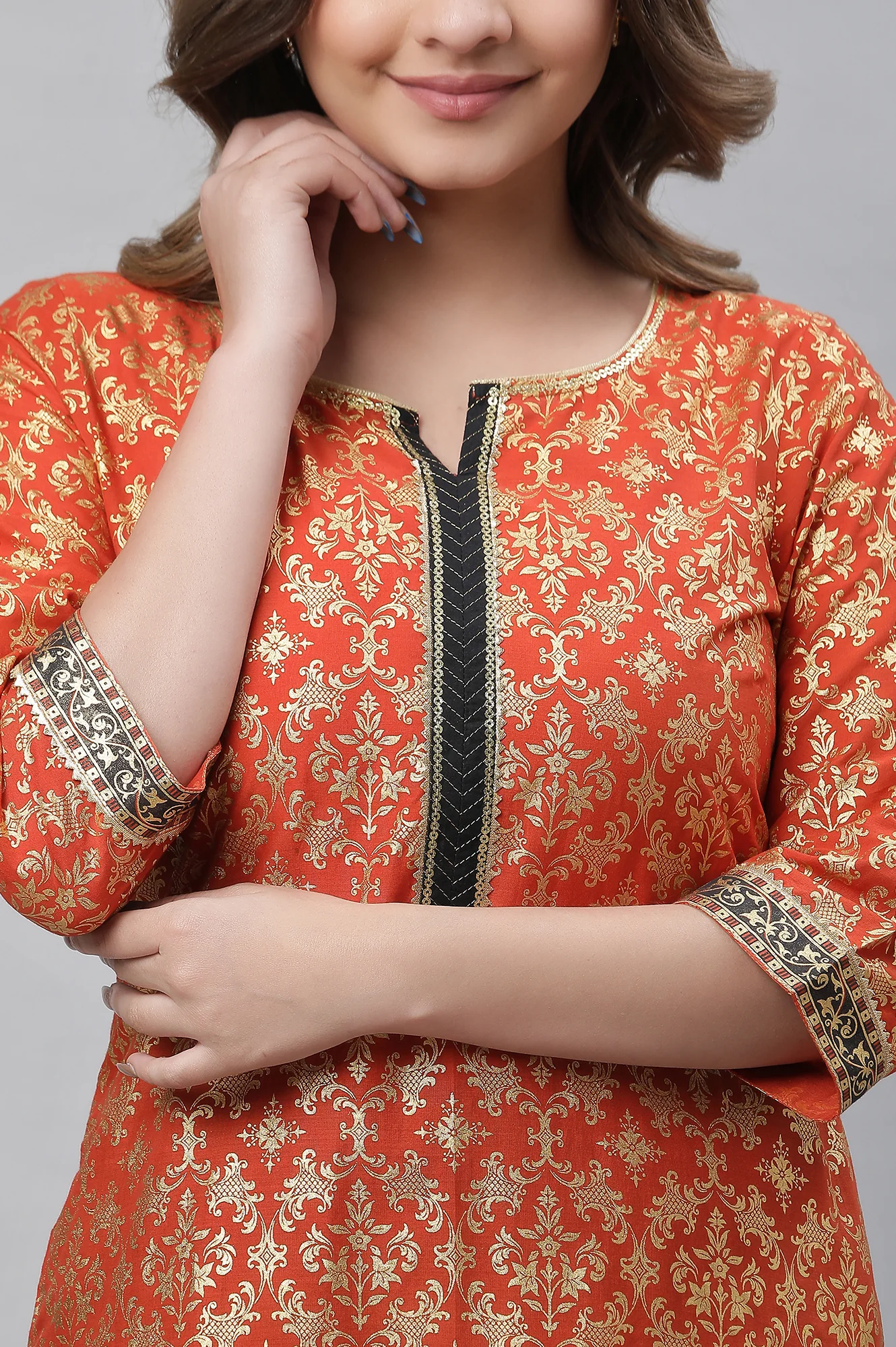 Orange Foil Printed Festive Kurta - Image 6
