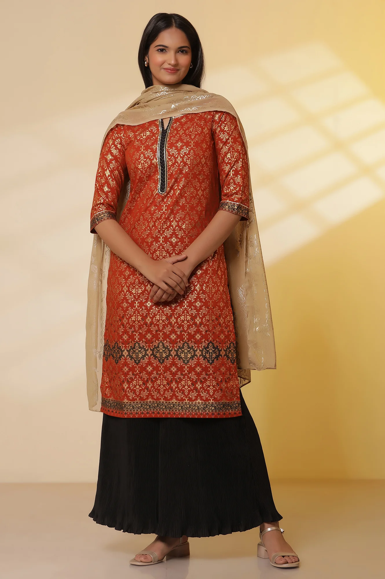 Orange Foil Printed Festive Kurta, Pleated Pants with Dupatta Set - Image 2