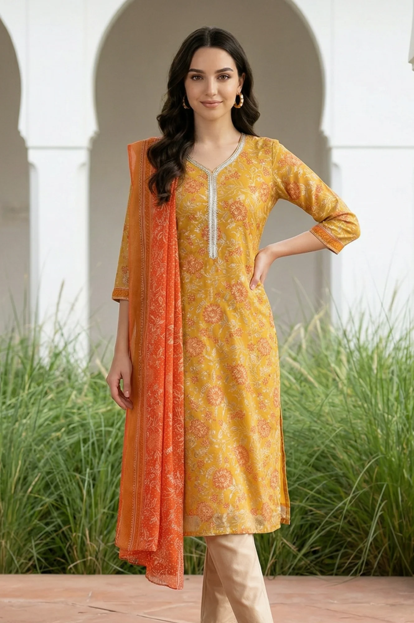 Orange Geometric Printed Chiffon Dupatta - Image 5