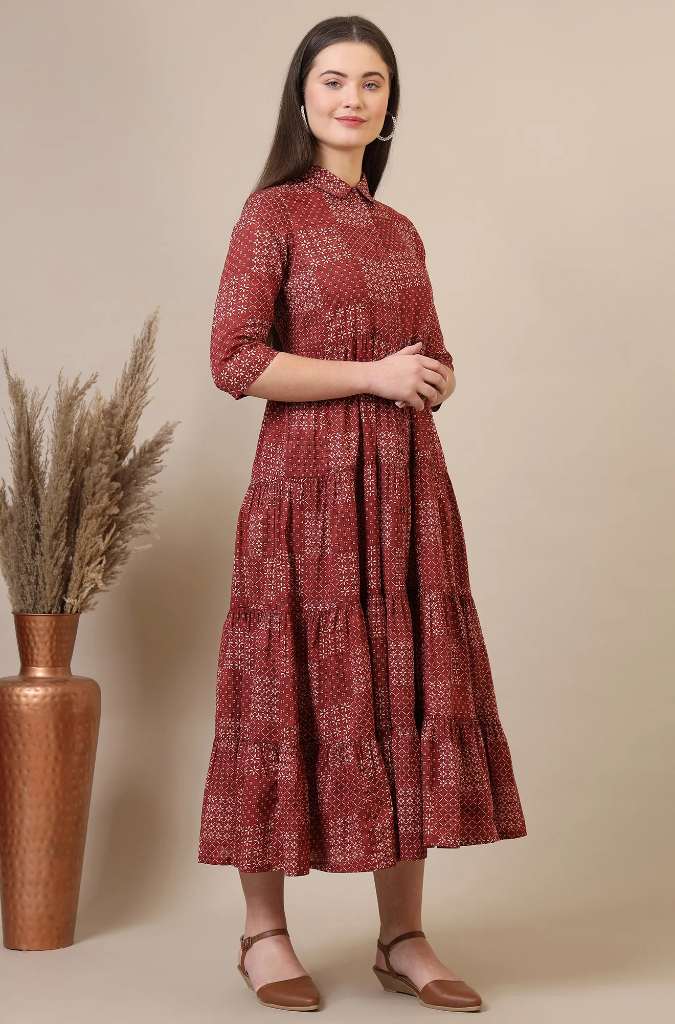 Orange Geometric Printed Pure Cotton Tiered Dress - Image 7
