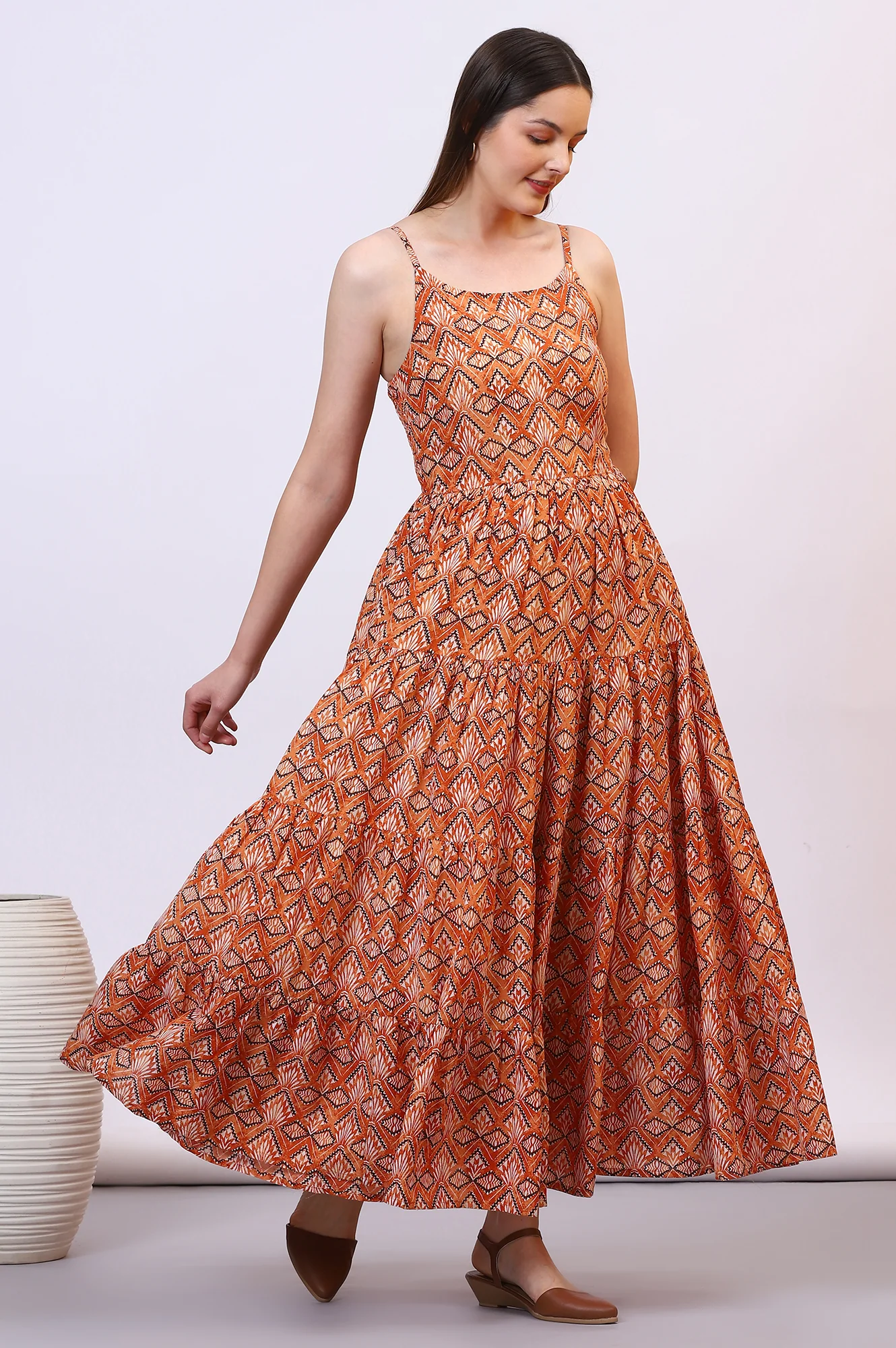 Orange Geometric Printed Pure Cotton Tiered Spaghetti Dress - Image 7