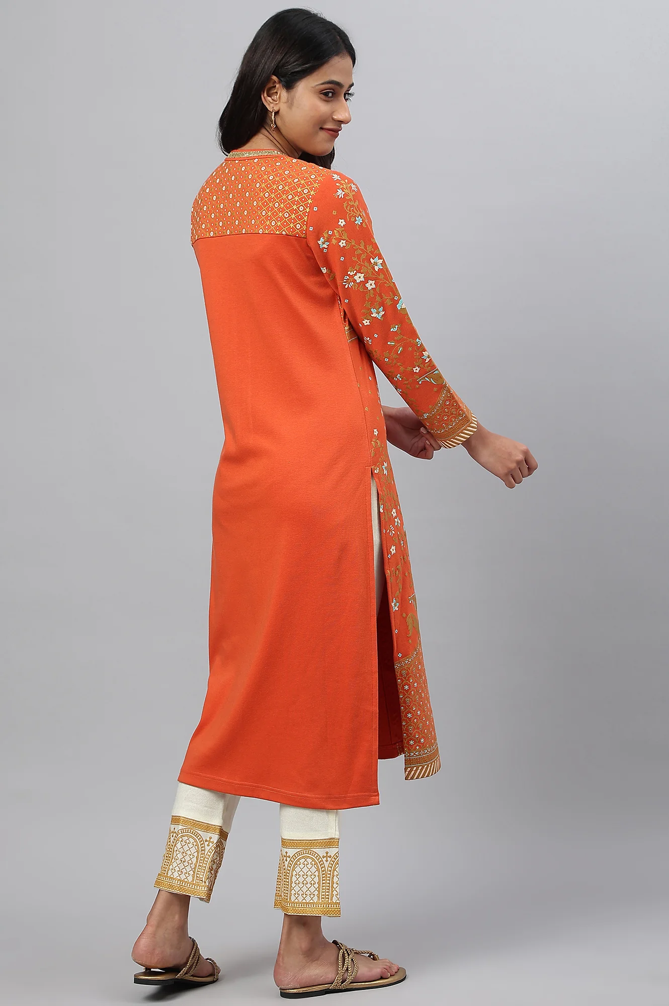 Orange Gold Printed Festive Winter kurta and White Pants Set - Image 5