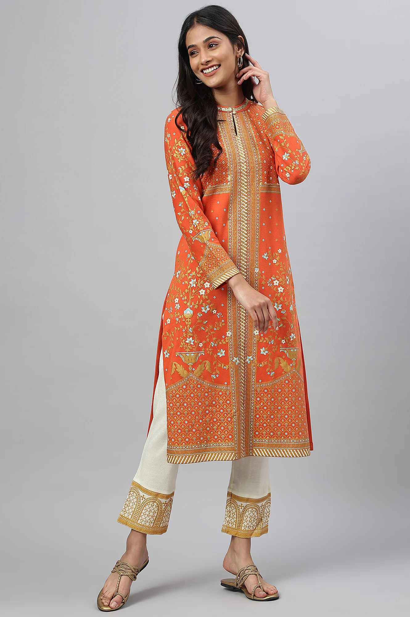 Orange Gold Printed Festive Winter kurta and White Pants Set - Image 6