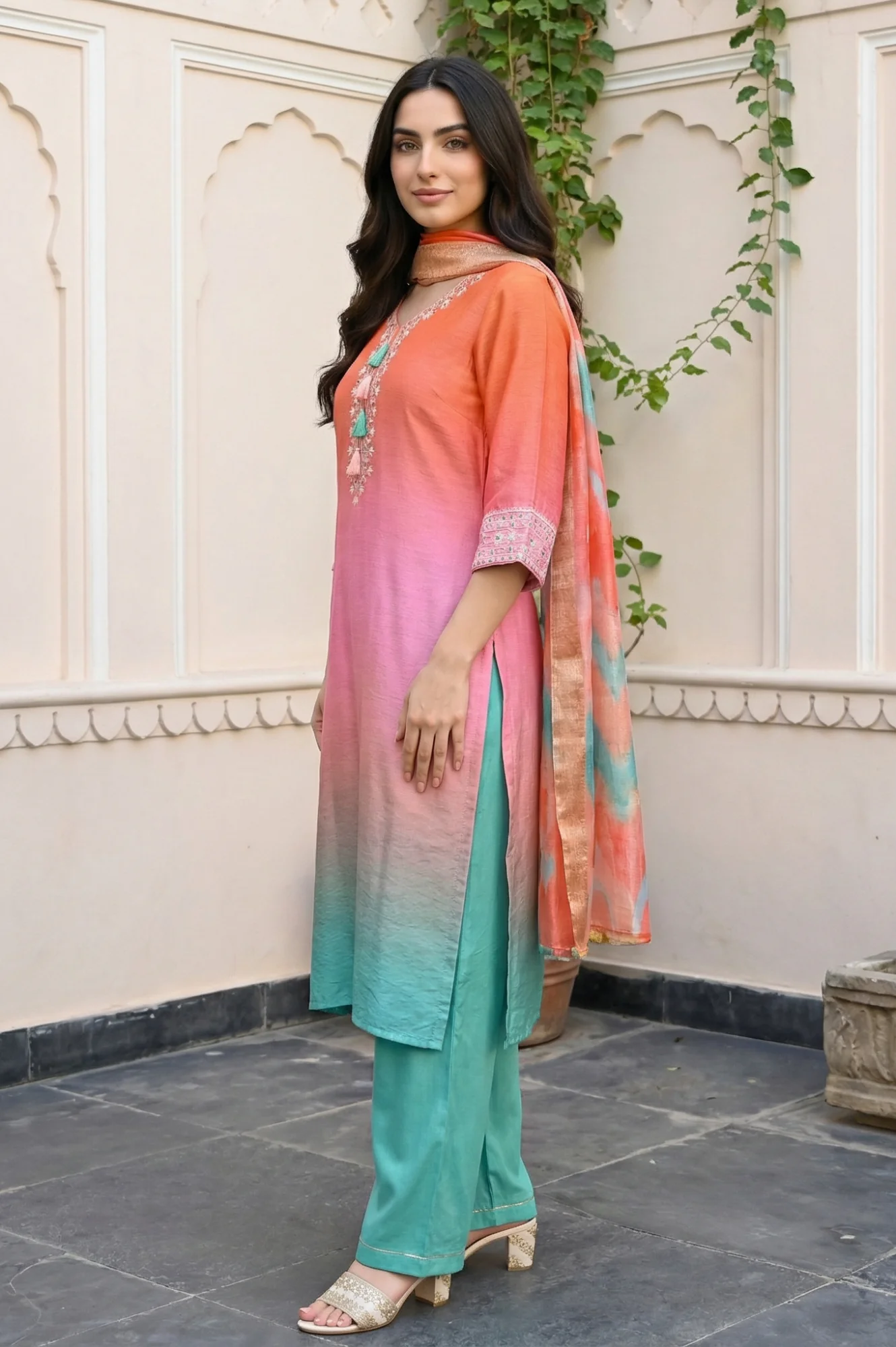 Orange Ombre Embroidered Straight Kurta with Palazzo and Dupatta Set - Image 3