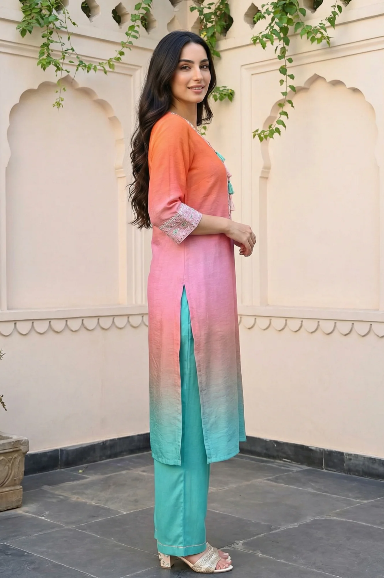 Orange Ombre Embroidered Straight Kurta with Palazzo and Dupatta Set - Image 5