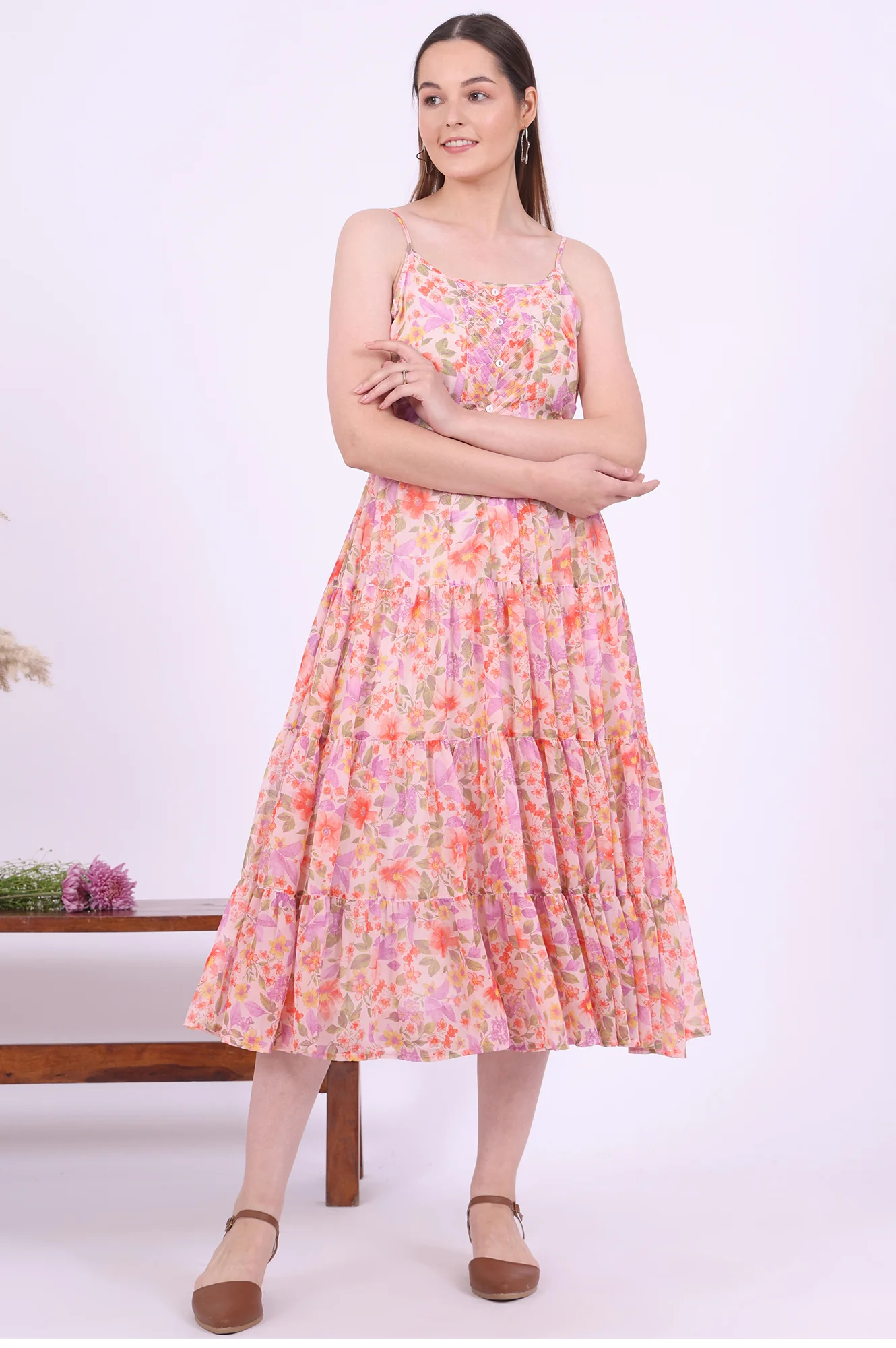 Orange Printed Flarred Georgette Dresses - Image 3