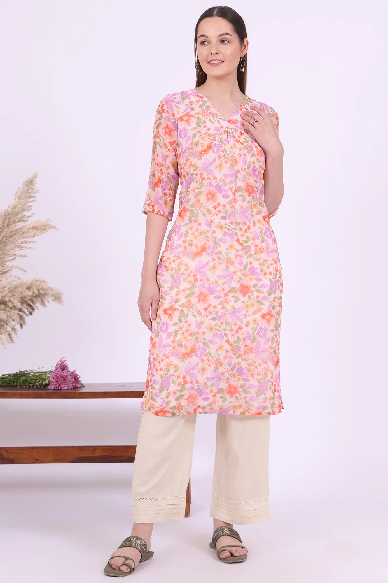 Orange Printed Straight Georgette Kurta - Image 2