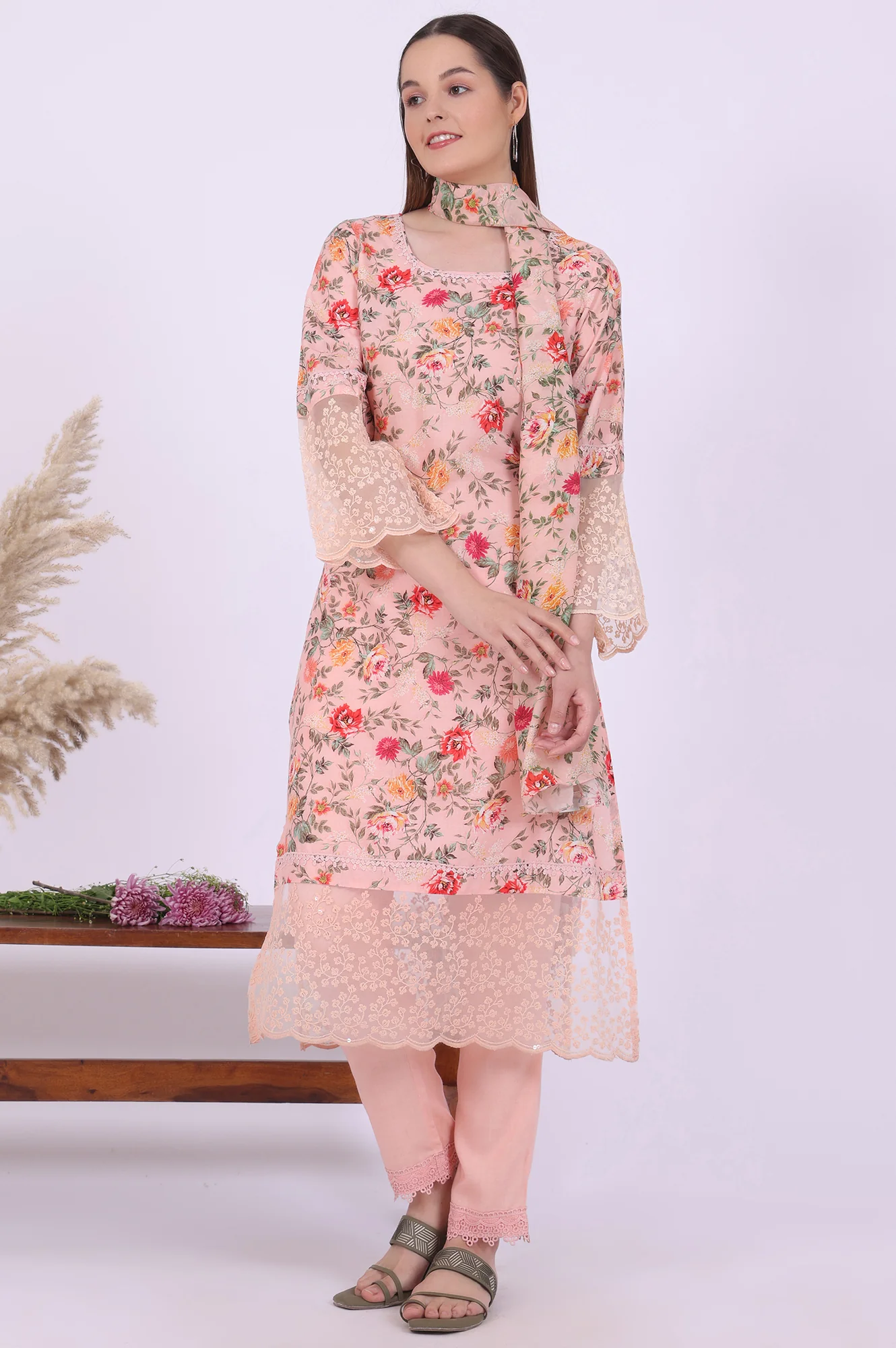 Orange Printed Straight Kurta with Trouser & Dupatta Set - Image 2