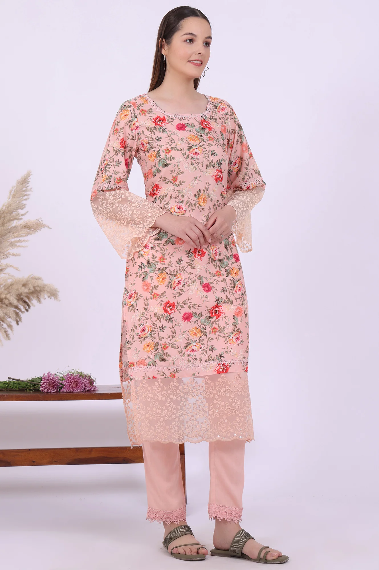 Orange Printed Straight Kurta with Trouser & Dupatta Set - Image 7