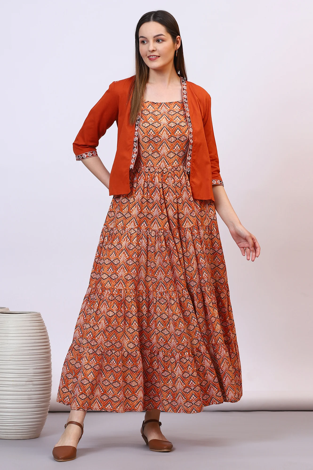 Orange Solid Front Open Cotton Flax Jacket - Image 2