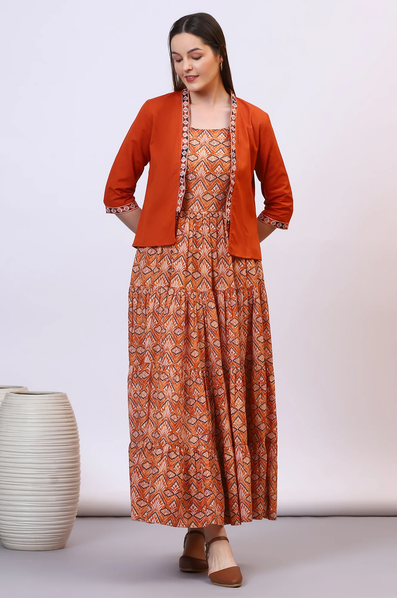 Orange Solid Front Open Cotton Flax Jacket - Image 3