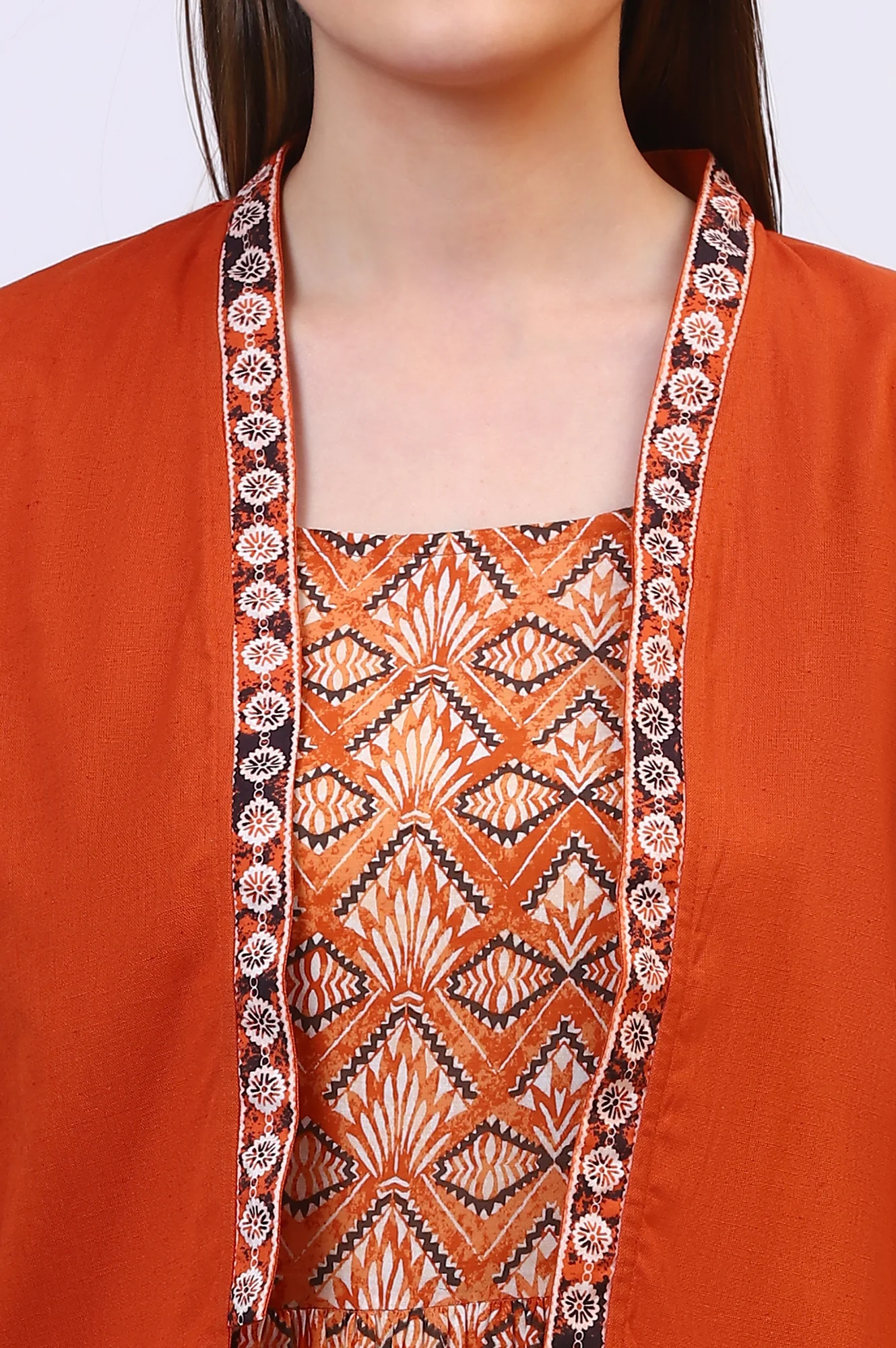 Orange Solid Front Open Cotton Flax Jacket - Image 4