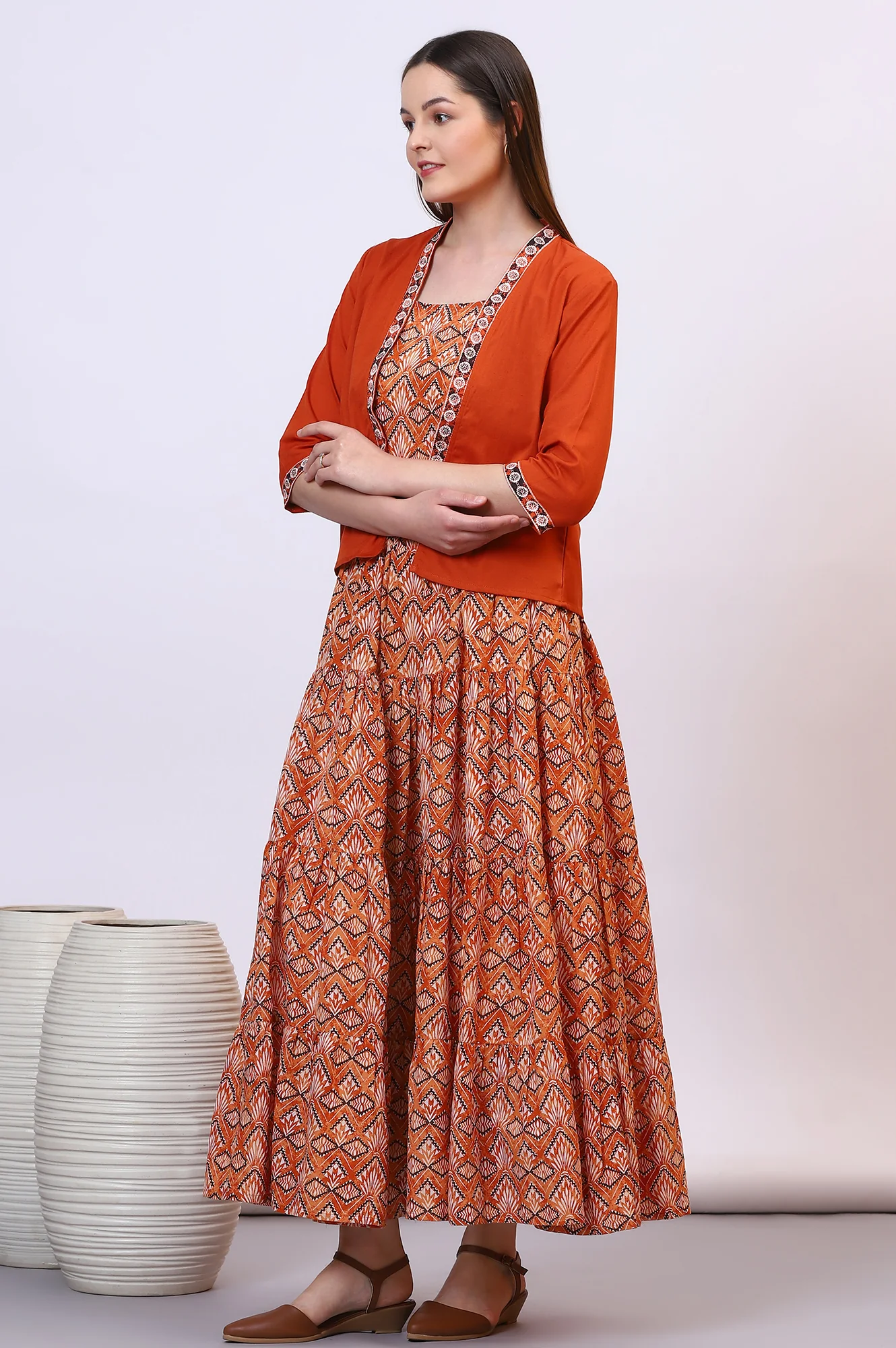 Orange Solid Front Open Cotton Flax Jacket - Image 5
