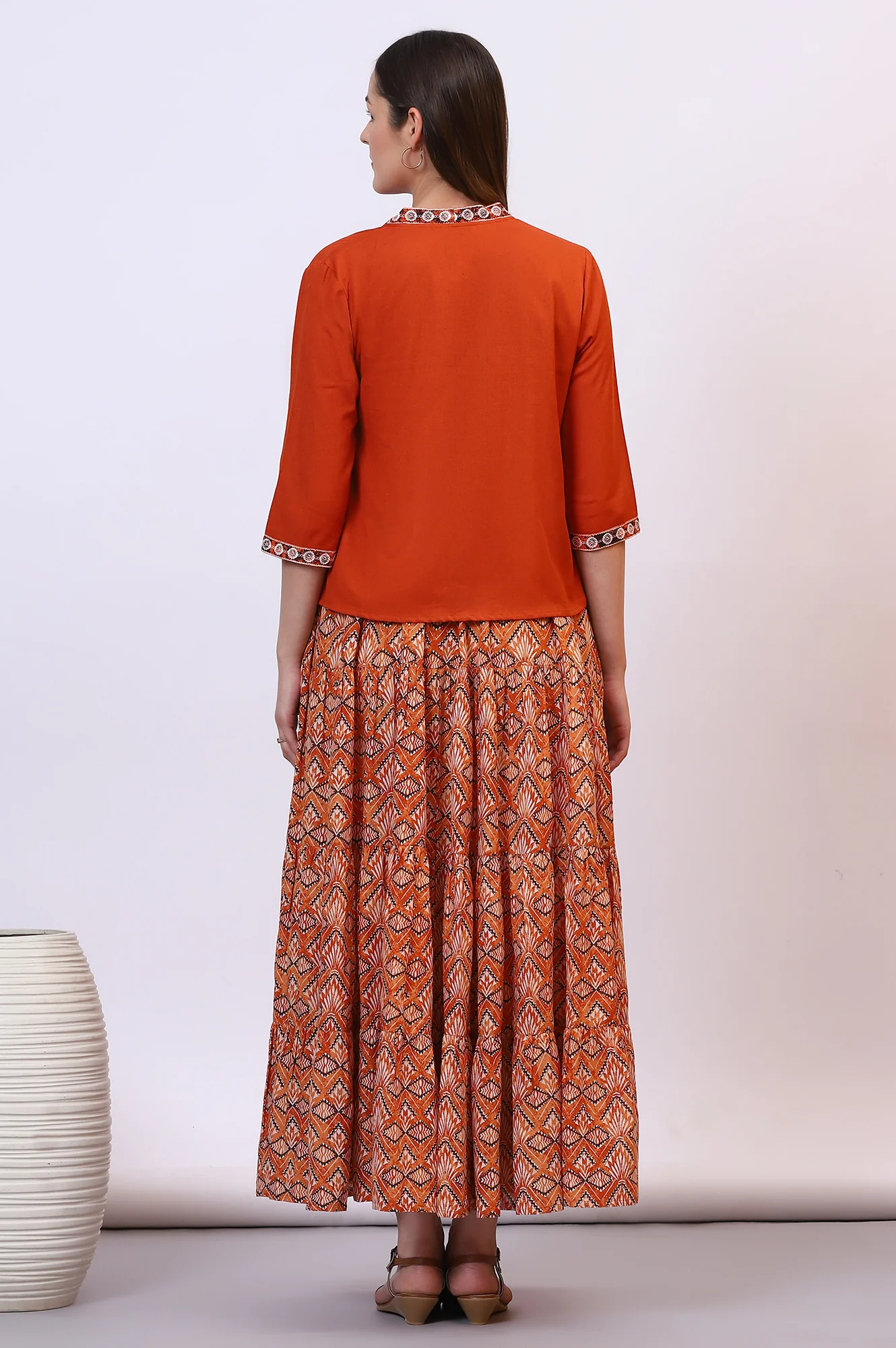 Orange Solid Front Open Cotton Flax Jacket - Image 6