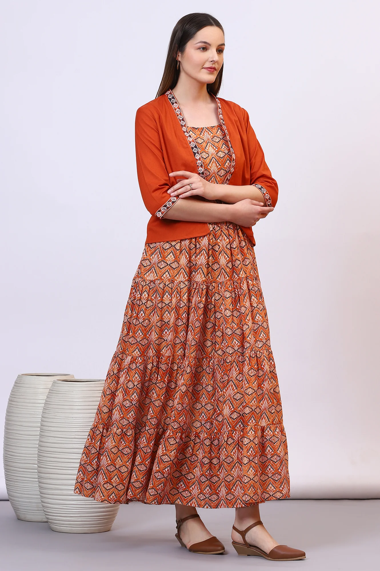 Orange Solid Front Open Cotton Flax Jacket - Image 7