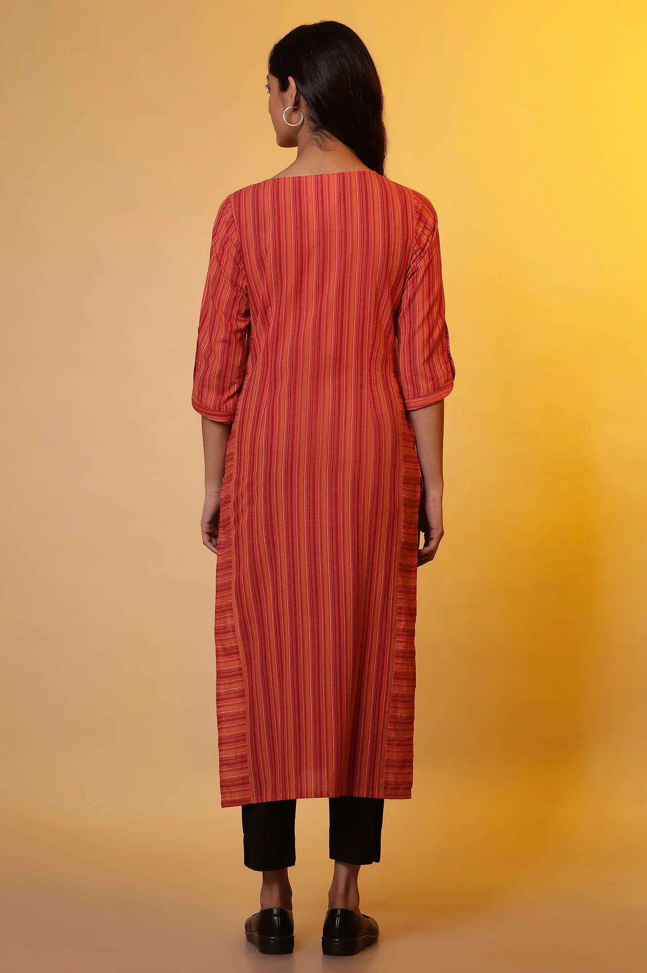 Orange Striped Cotton Kurta - Image 4