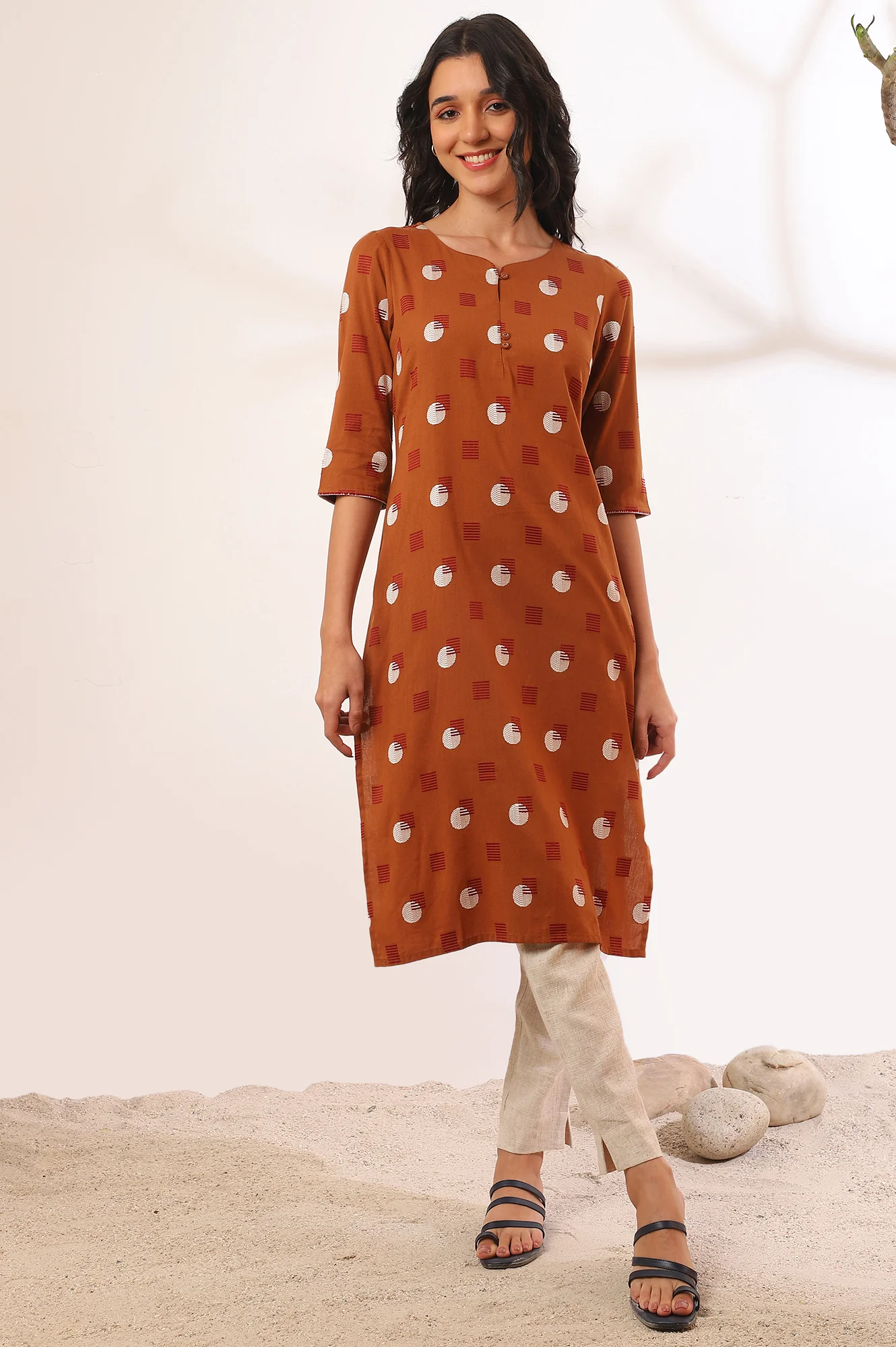 Orange Yarn Dyed Straight Cotton Flax Kurta - Image 2
