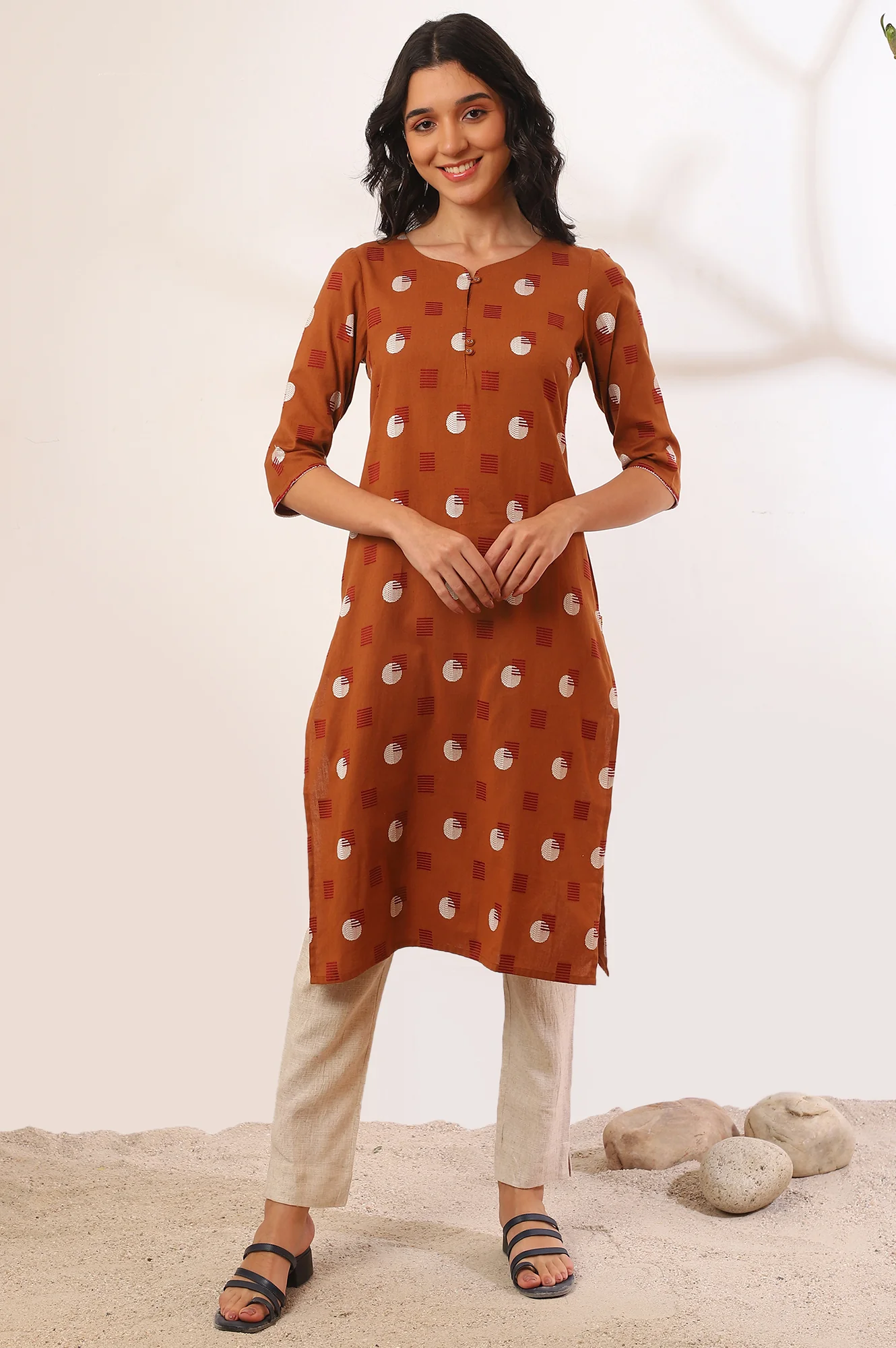 Orange Yarn Dyed Straight Cotton Flax Kurta - Image 3