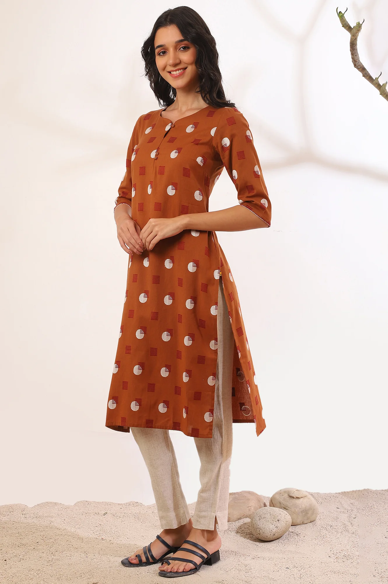 Orange Yarn Dyed Straight Cotton Flax Kurta - Image 5