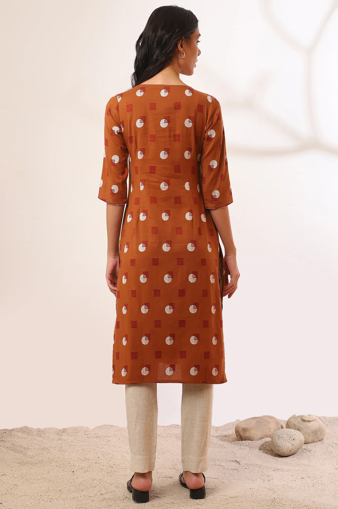 Orange Yarn Dyed Straight Cotton Flax Kurta - Image 6