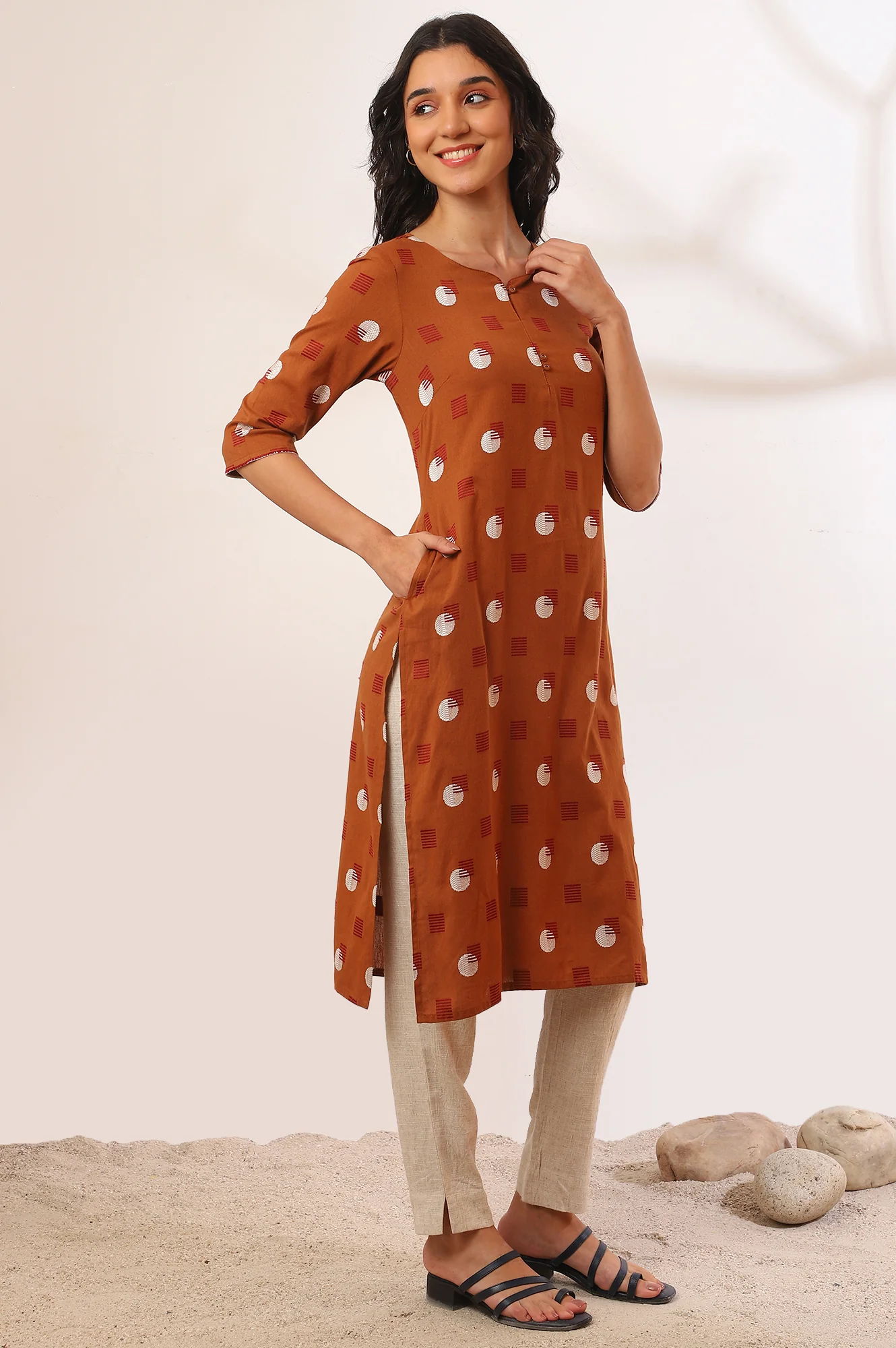Orange Yarn Dyed Straight Cotton Flax Kurta - Image 7