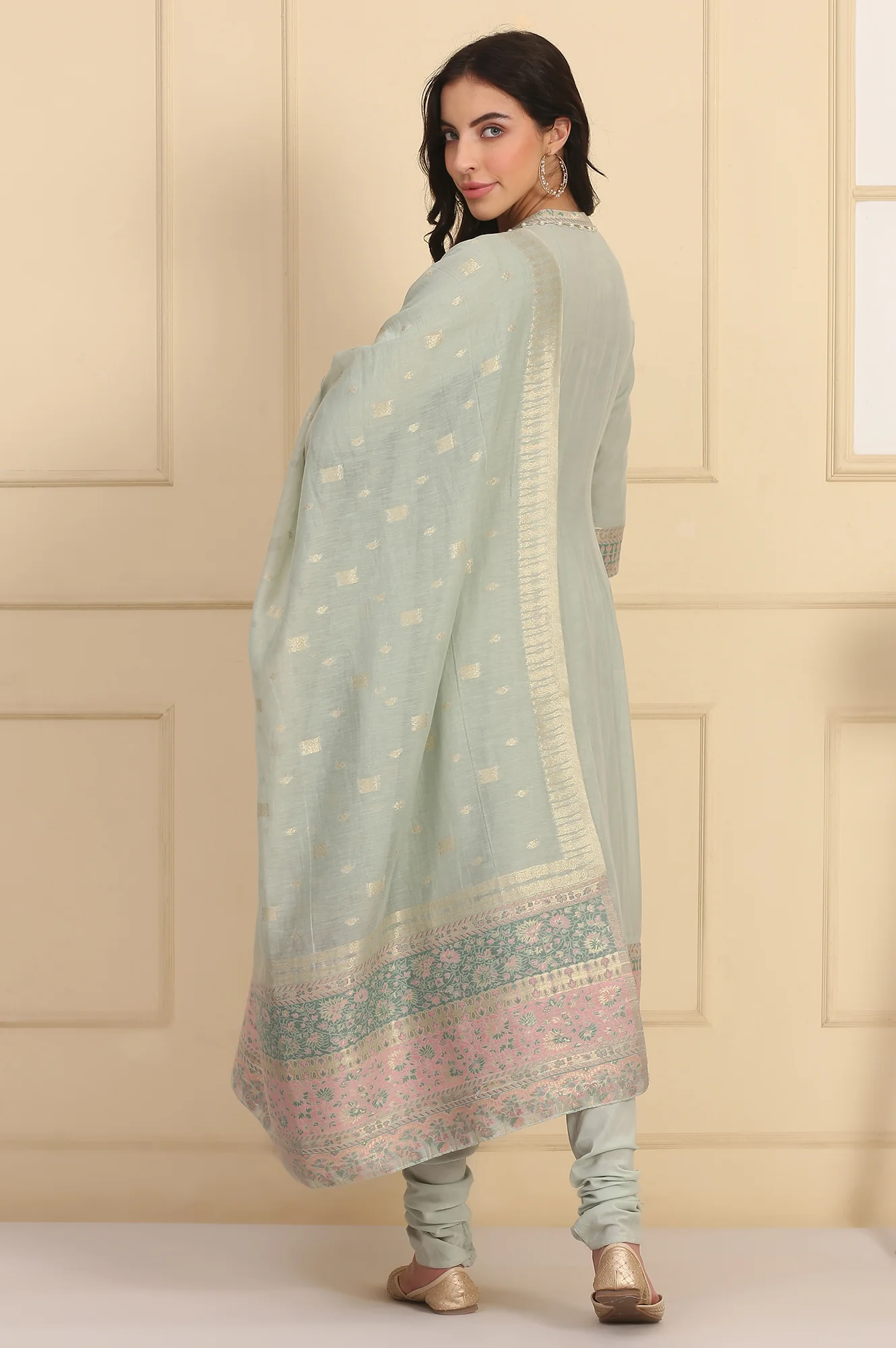 Pastel Green Lace Embellished Flared Kurta, Cotton Churidar and Dupatta Set - Image 5