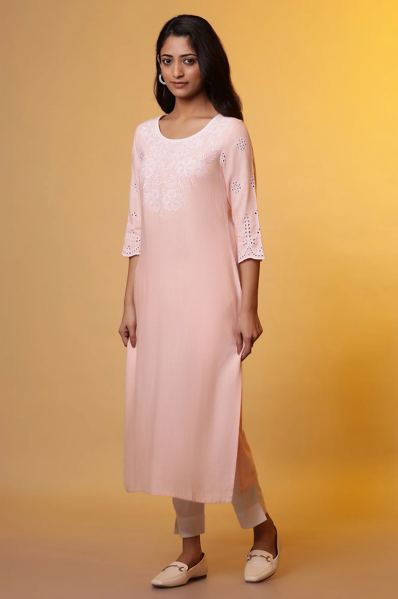 Pastel Pink Embroidered Schiffli Kurta - Image 3