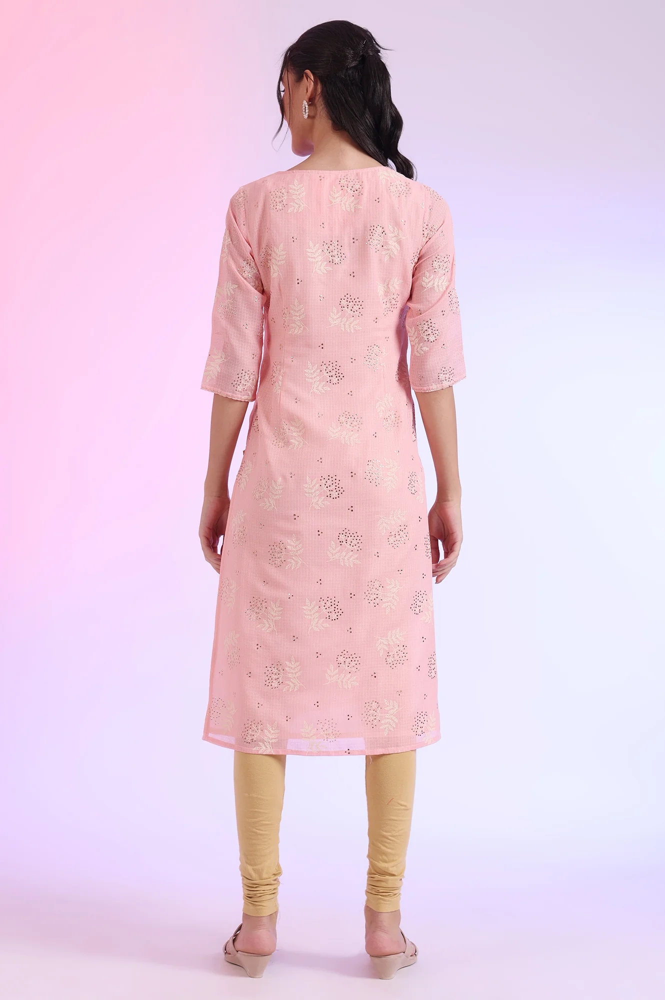 Pastel Pink Floral Printed Embellished Kota Straight Kurta - Image 6