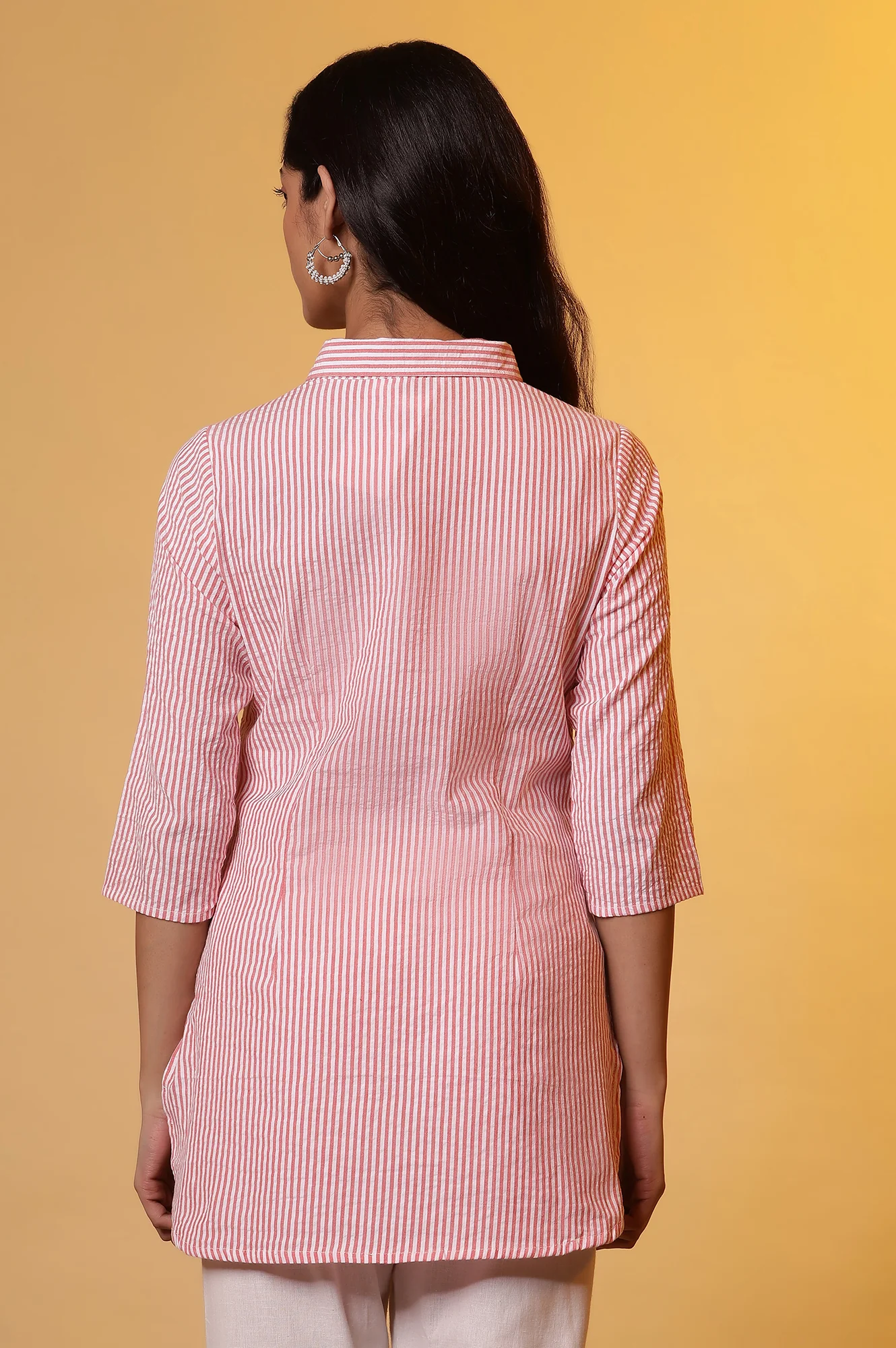 Peach and White Stripe Shirt Kurti - Image 4