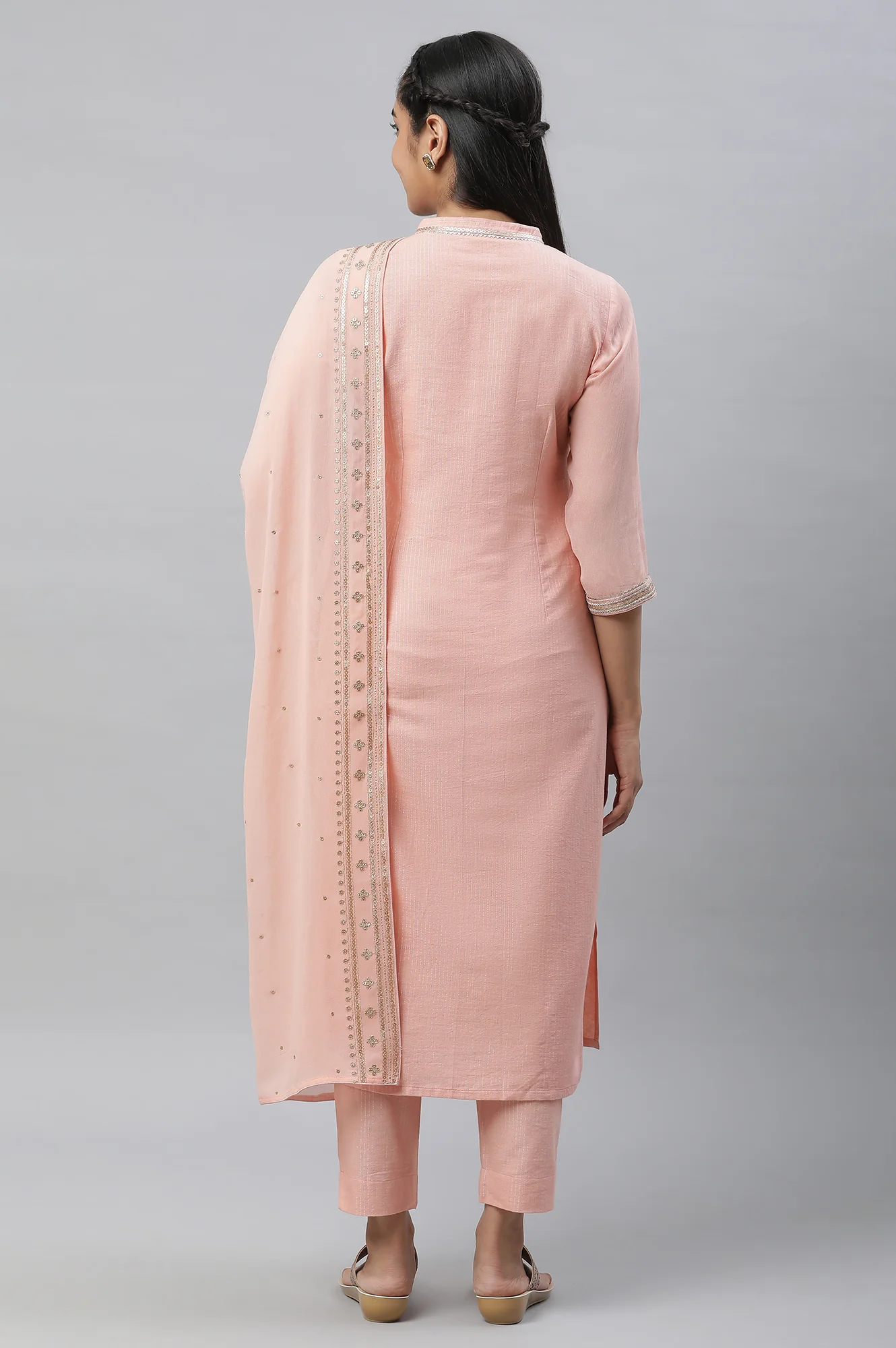Peach Embellished Festive Kurta, Trousers and Dupatta Set - Image 4