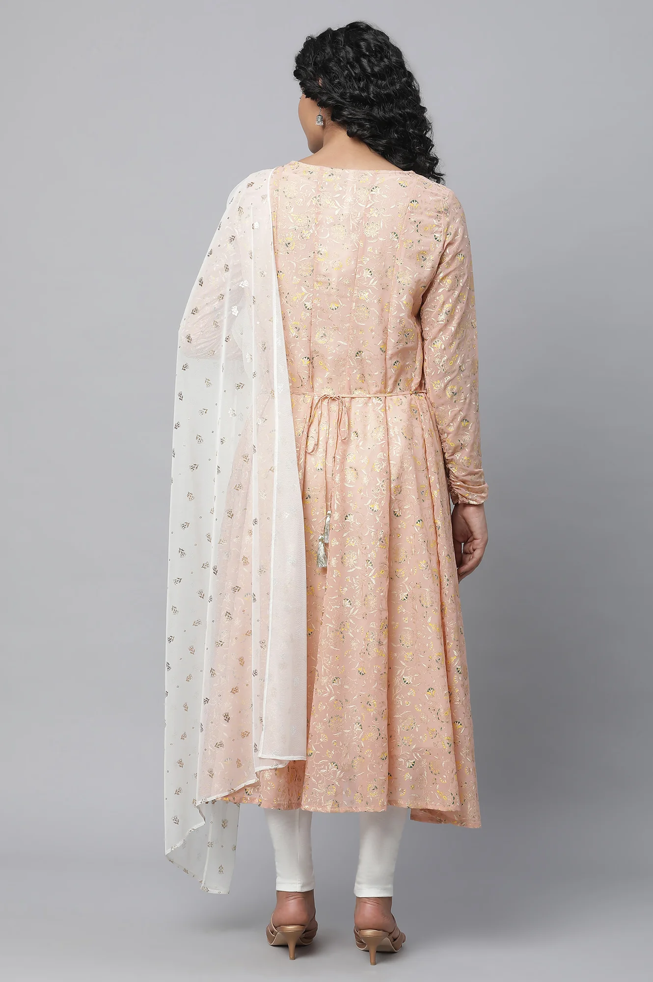 Peach Floral Foil Printed Festive Anarkali kurta, Tights And Dupatta Set - Image 3
