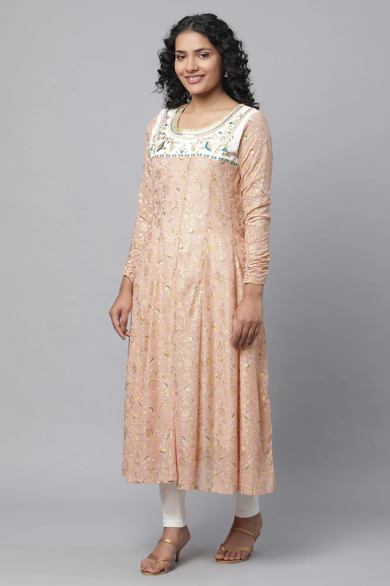 Peach Floral Foil Printed Festive Anarkali kurta, Tights And Dupatta Set - Image 4
