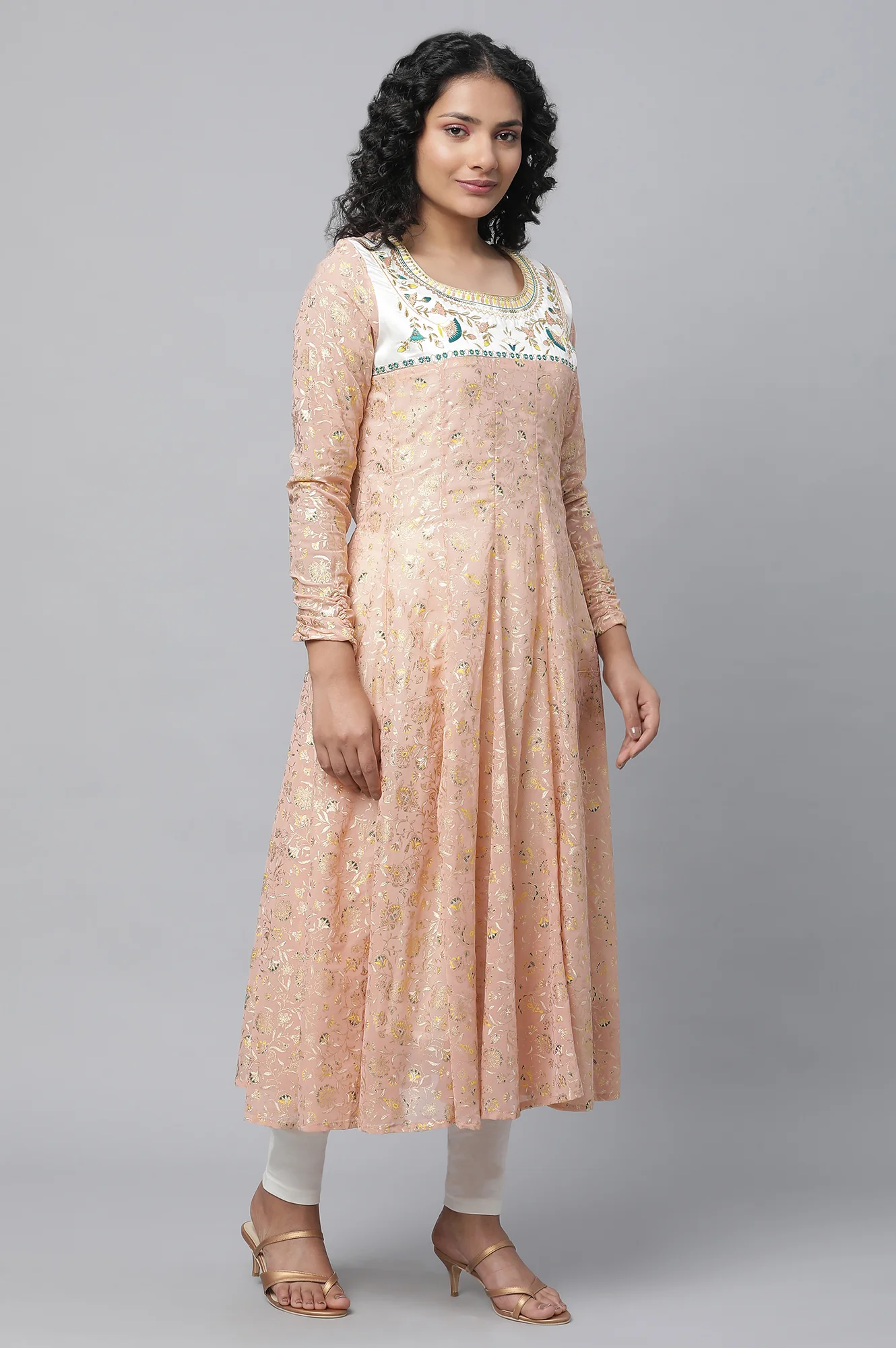Peach Floral Foil Printed Festive Anarkali kurta, Tights And Dupatta Set - Image 5