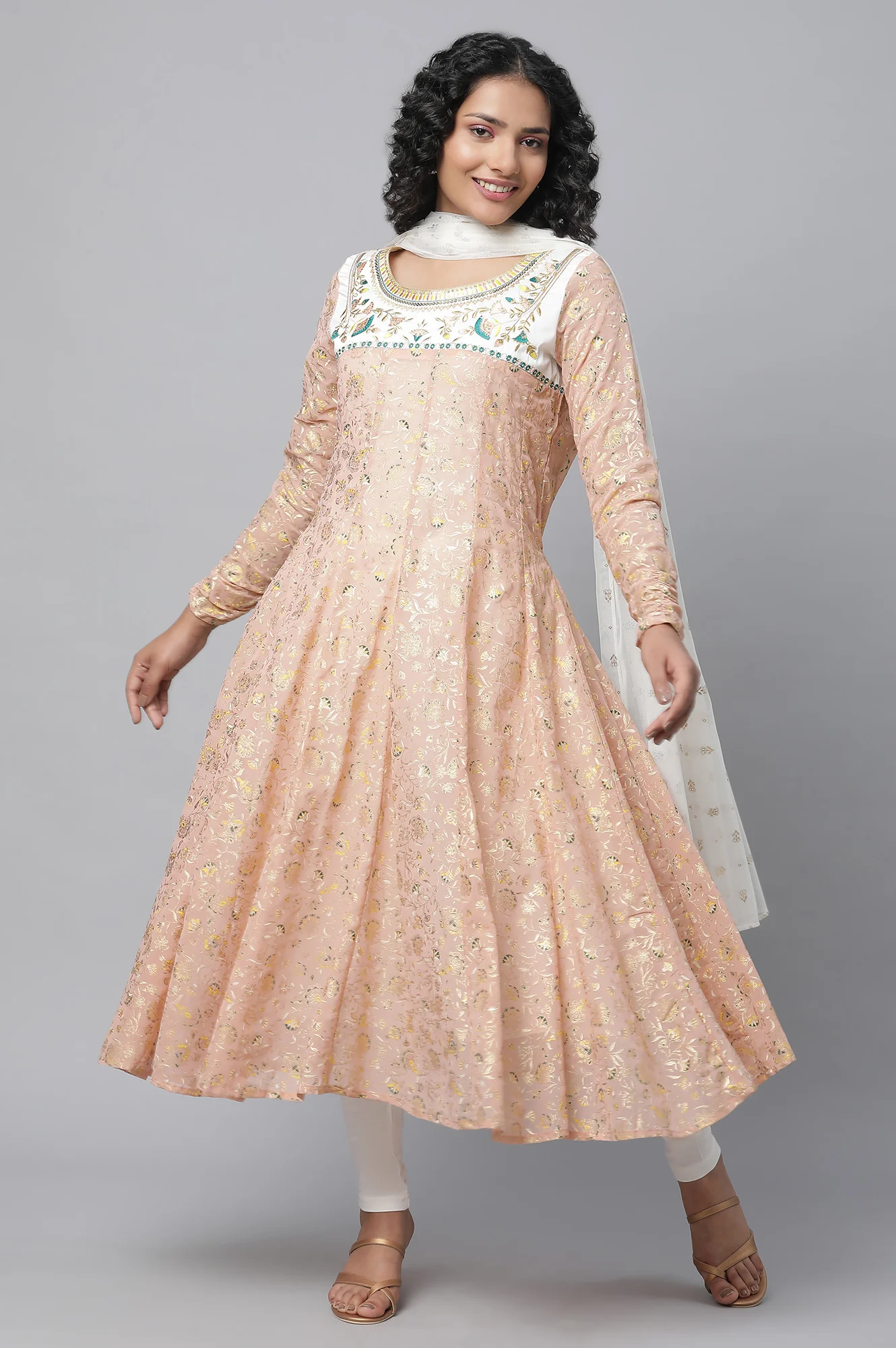 Peach Floral Foil Printed Festive Anarkali kurta, Tights And Dupatta Set - Image 6