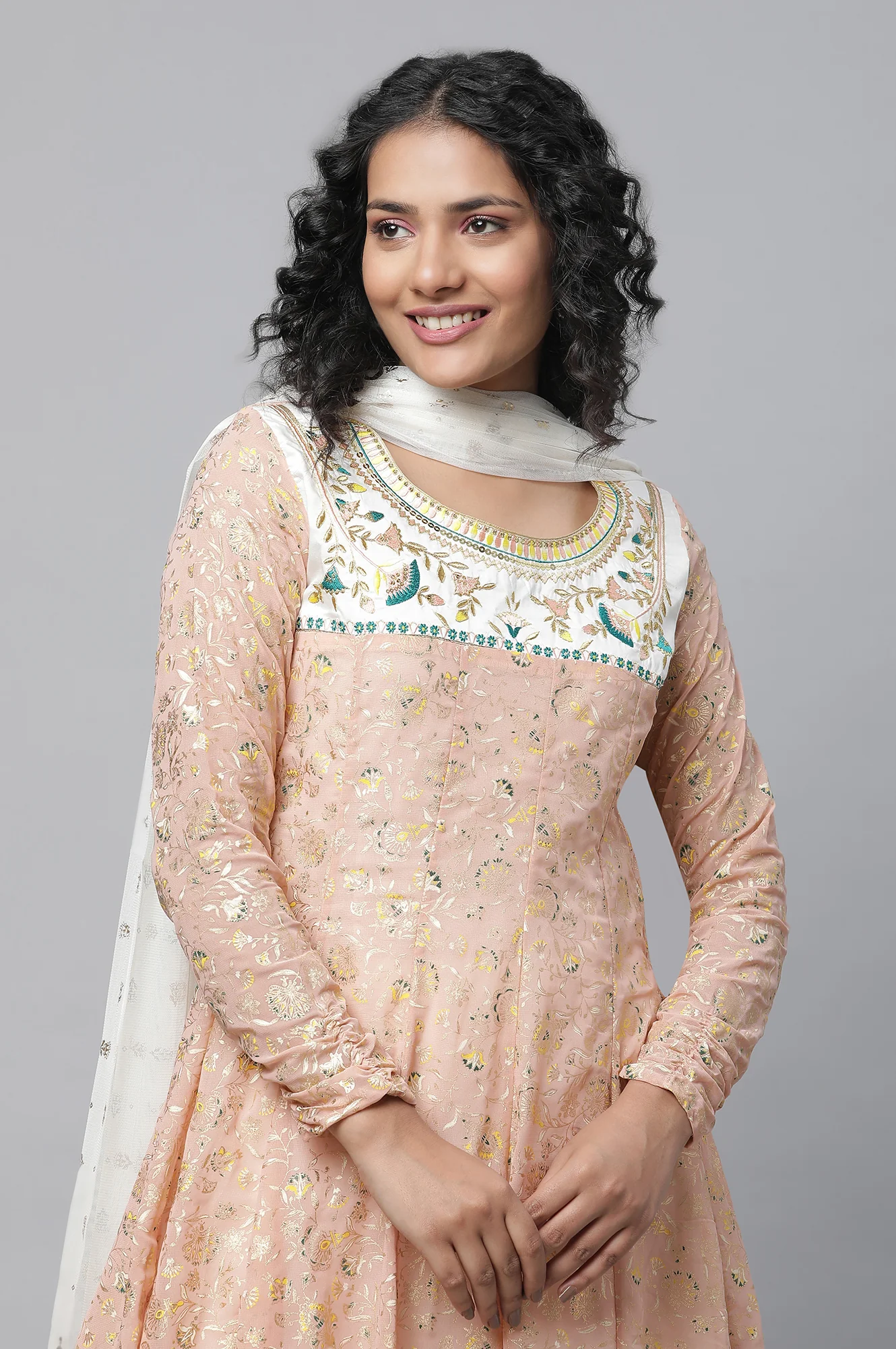 Peach Floral Foil Printed Festive Anarkali kurta, Tights And Dupatta Set - Image 7
