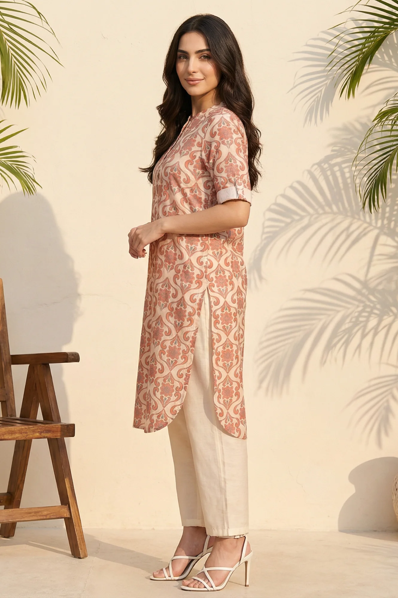 Peach Floral Printed Rayon Straight Kurta and Palazzo Set - Image 3