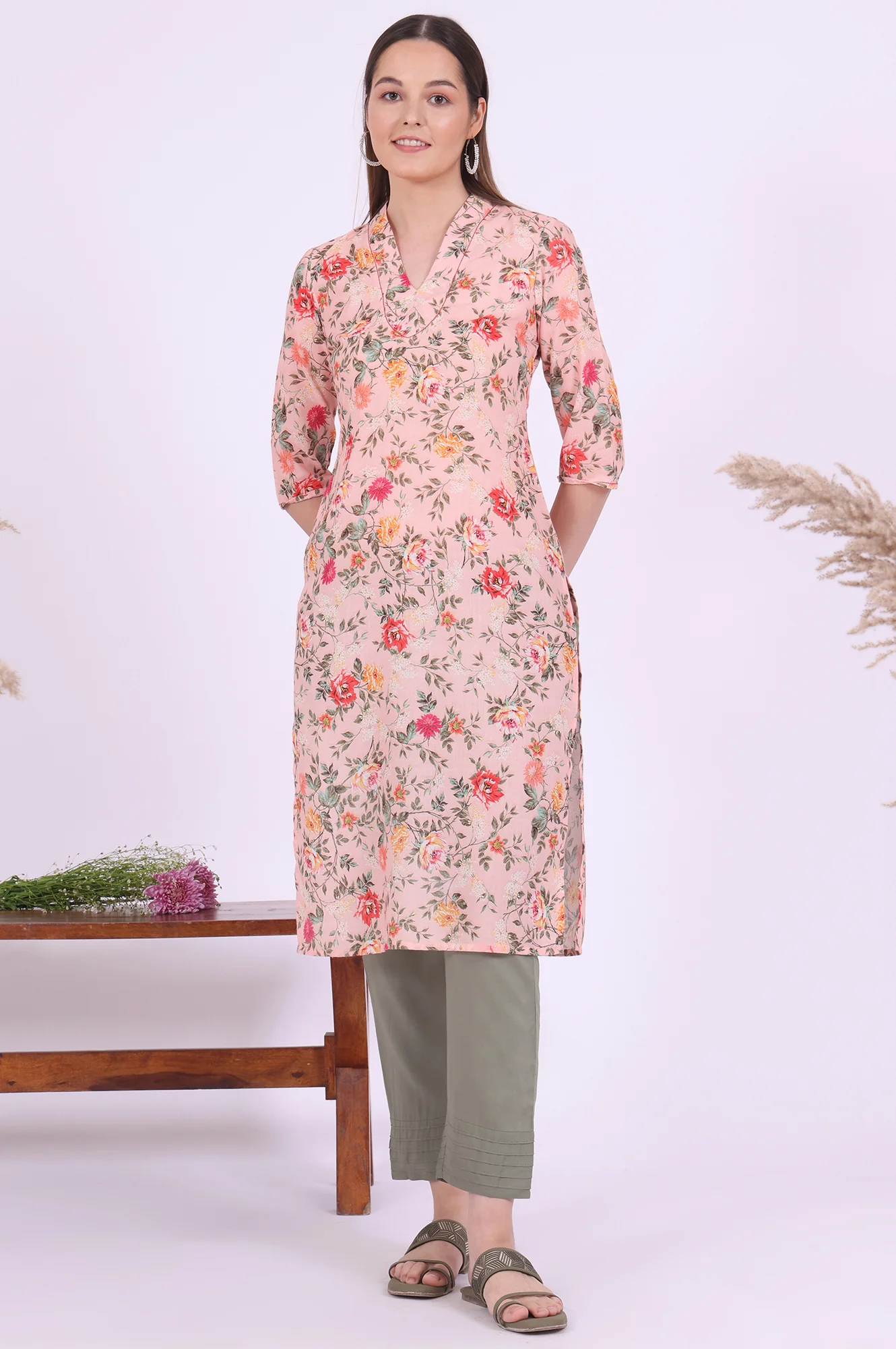 Peach Floral Printed Straight Kurta - Image 2